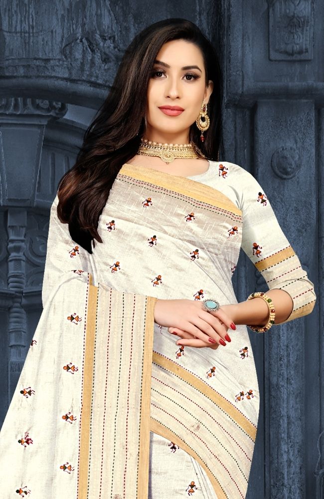 Ivory White Silk Saree with Minimal Motif and Striped Pallu