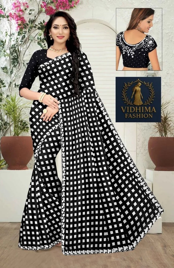 Black & White Designer Checkered Silk Saree with Embroidered Blouse