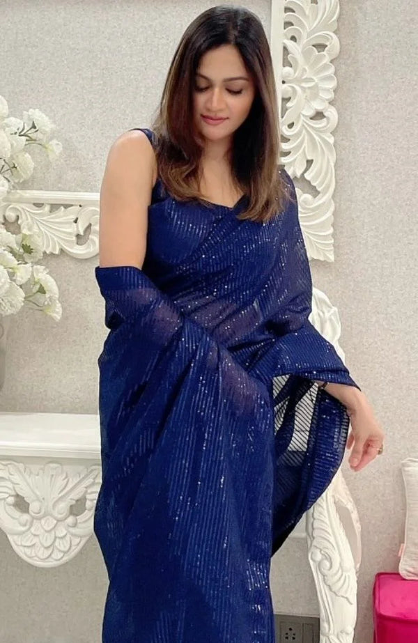 Navy Blue Sparkle Sequin Georgette Saree