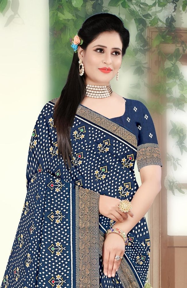 Navy Blue Bandhani Printed Saree with Patola-Style Pallu