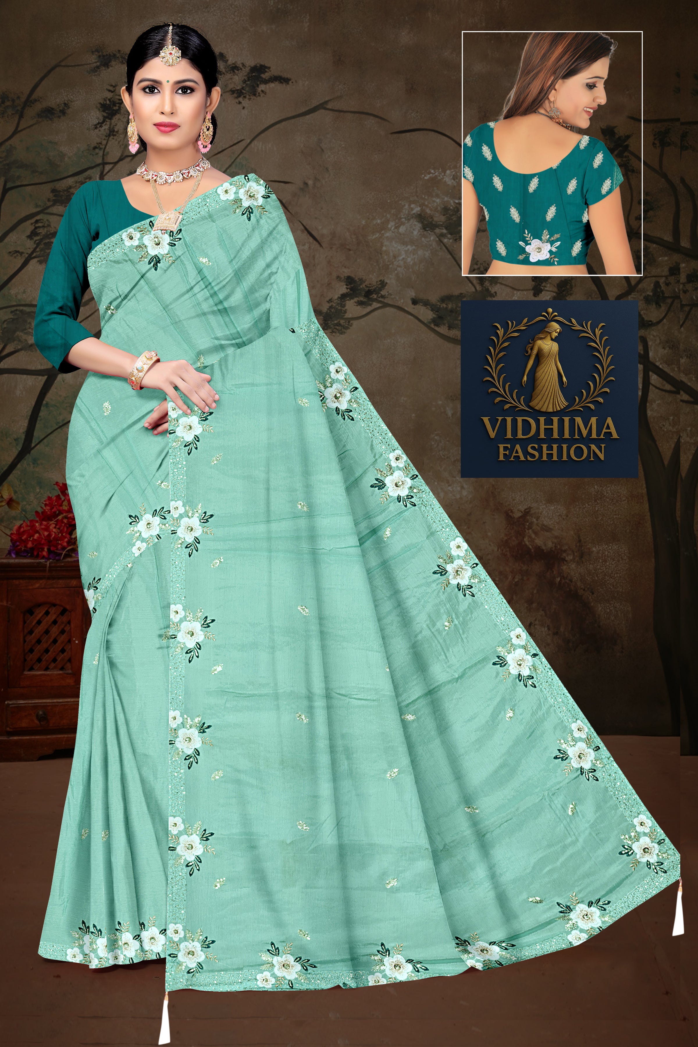 Mint Elegance Floral Saree with Bottle Green Embroidered Blouse