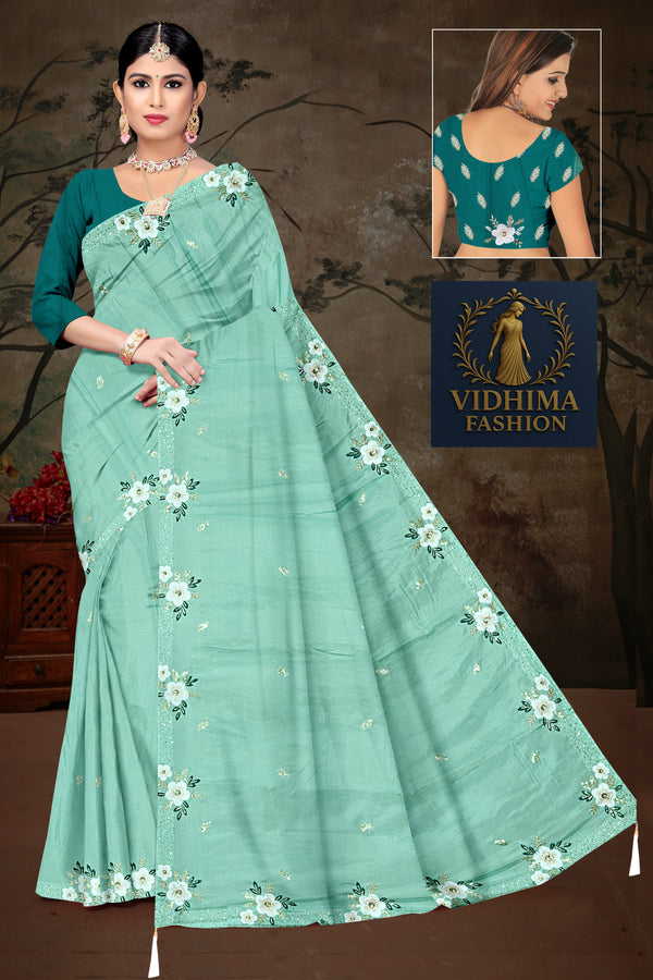 Mint Elegance Floral Saree with Bottle Green Embroidered Blouse