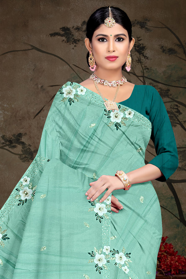 Mint Elegance Floral Saree with Bottle Green Embroidered Blouse