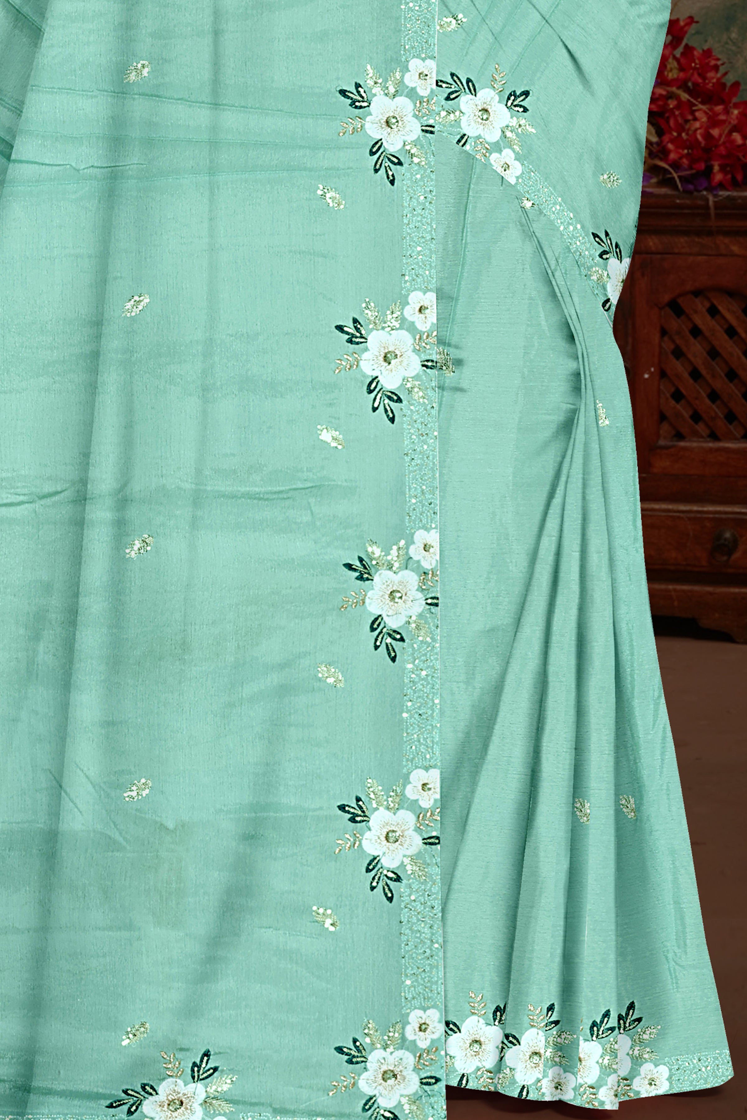 Mint Elegance Floral Saree with Bottle Green Embroidered Blouse