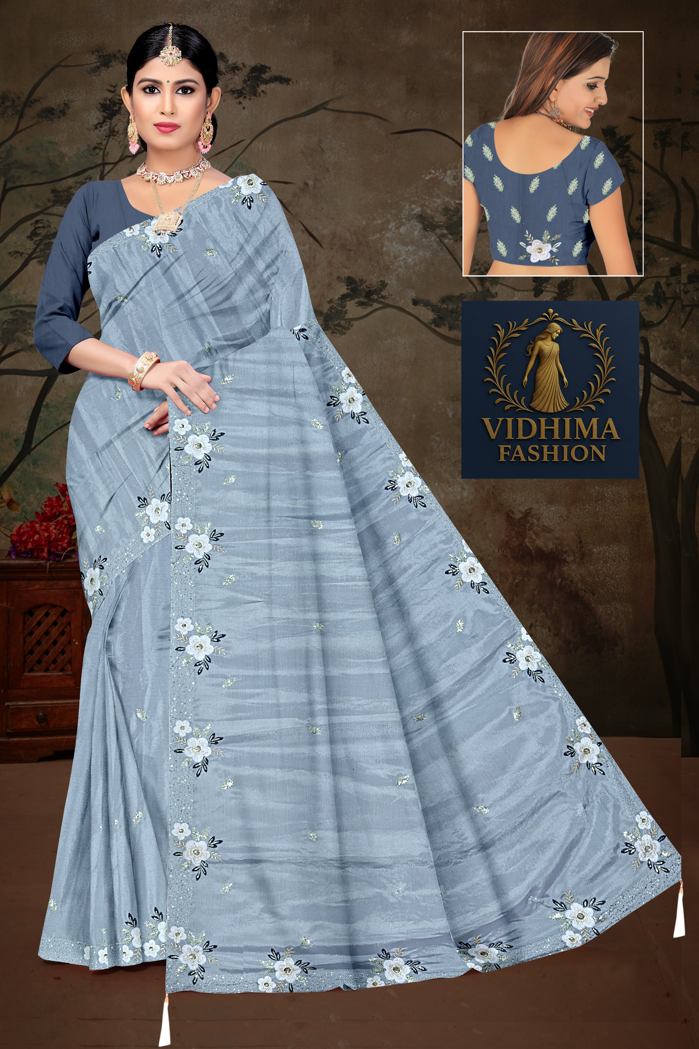 Steel Blue Floral Embroidered Saree with Navy Blouse