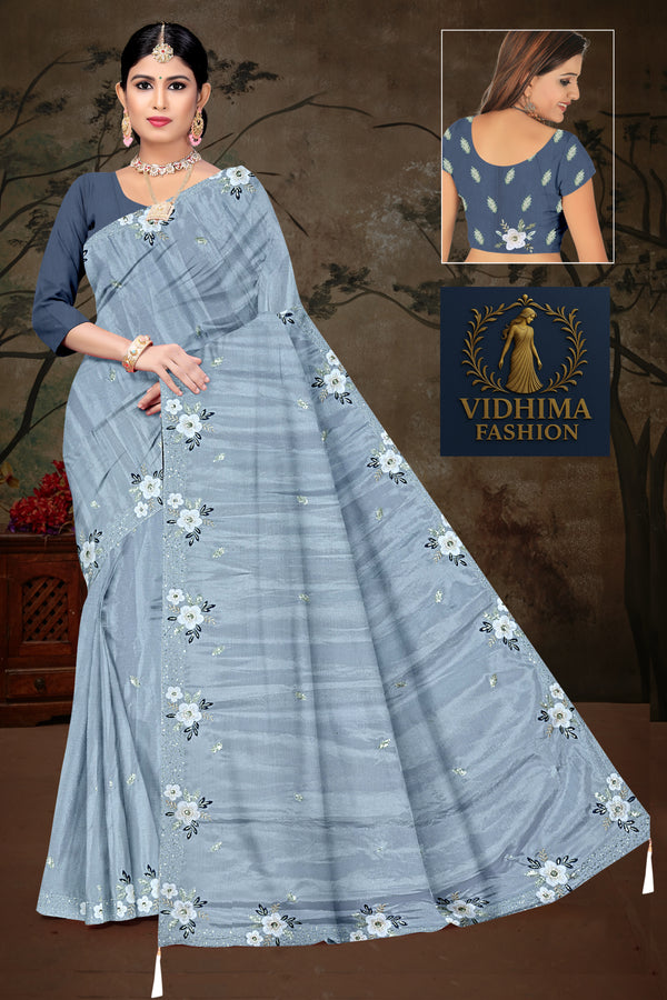 Steel Blue Floral Embroidered Saree with Navy Blouse