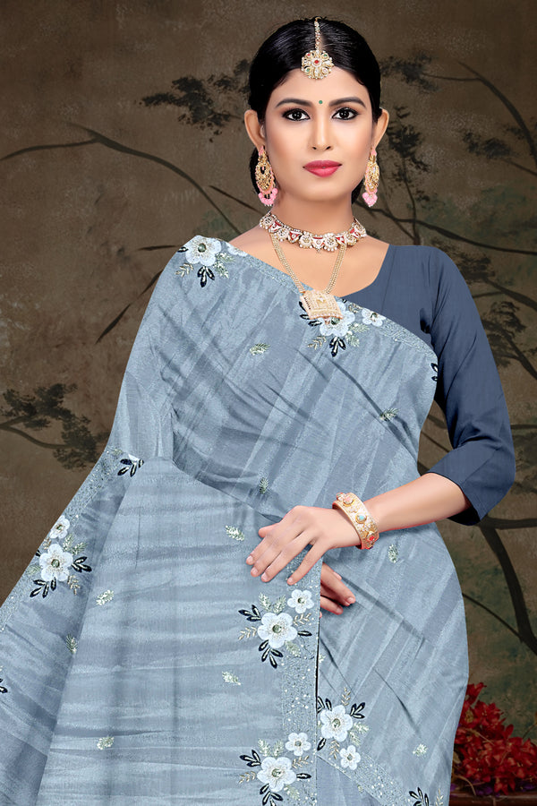 Steel Blue Floral Embroidered Saree with Navy Blouse