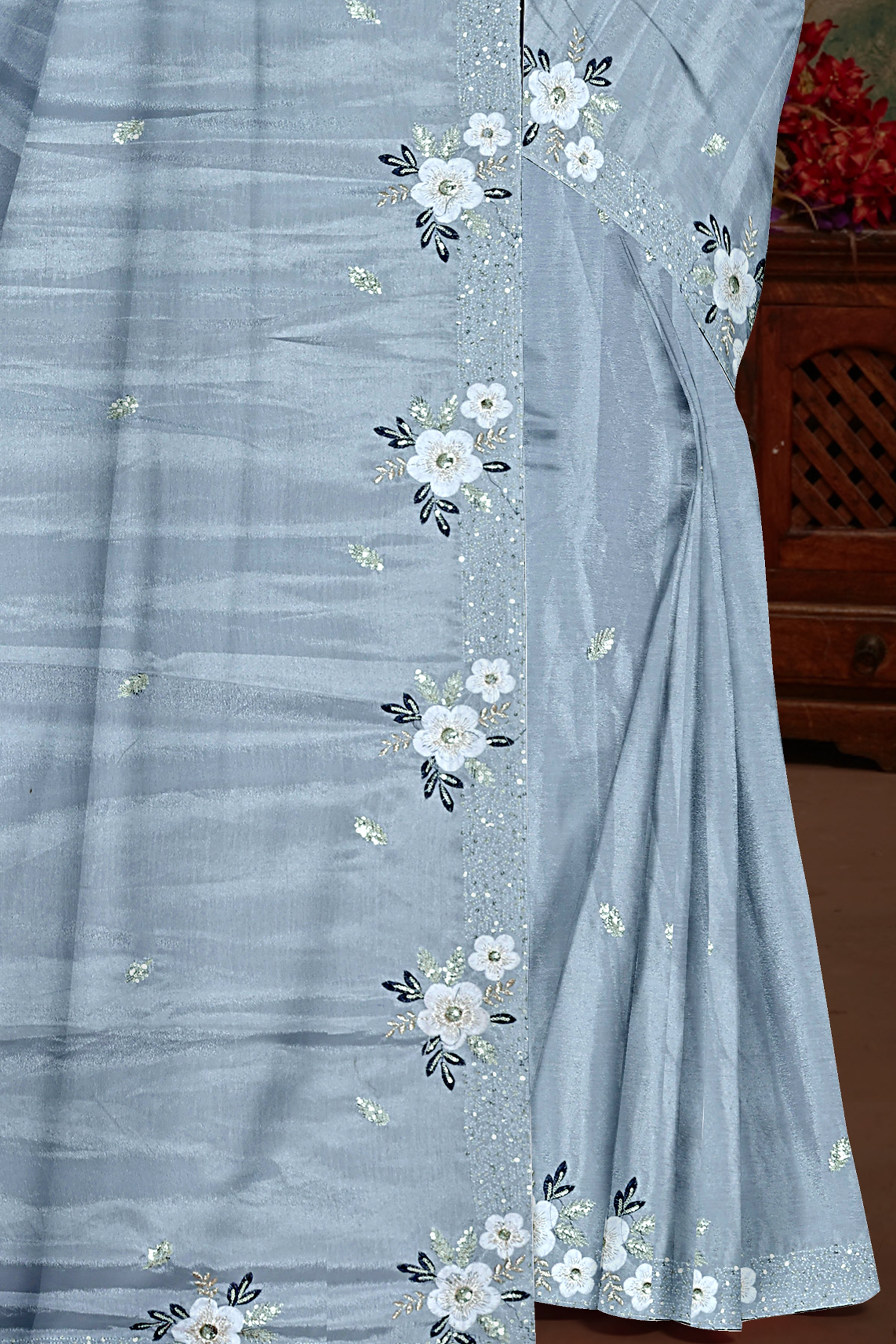 Steel Blue Floral Embroidered Saree with Navy Blouse
