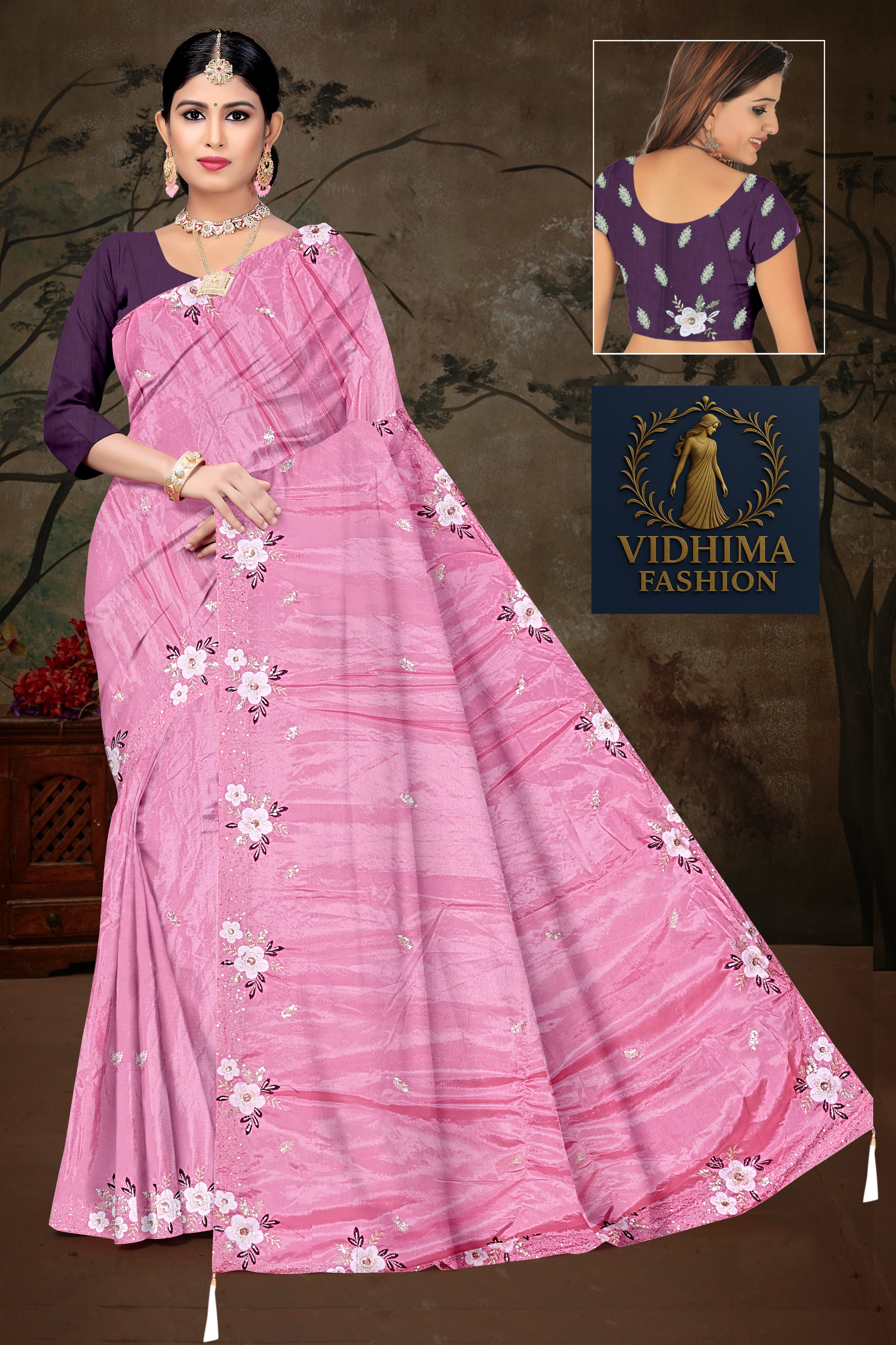 Pink Floral Embroidered Saree with Contrast Purple Blouse