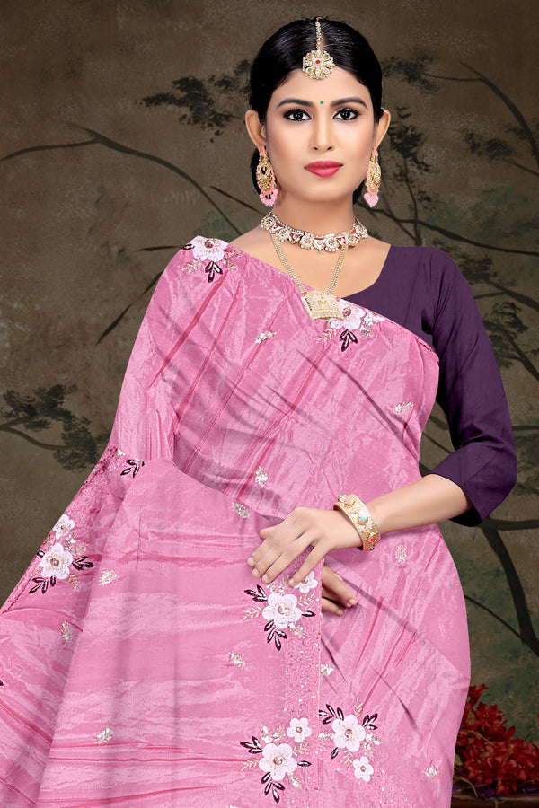 Pink Floral Embroidered Saree with Contrast Purple Blouse