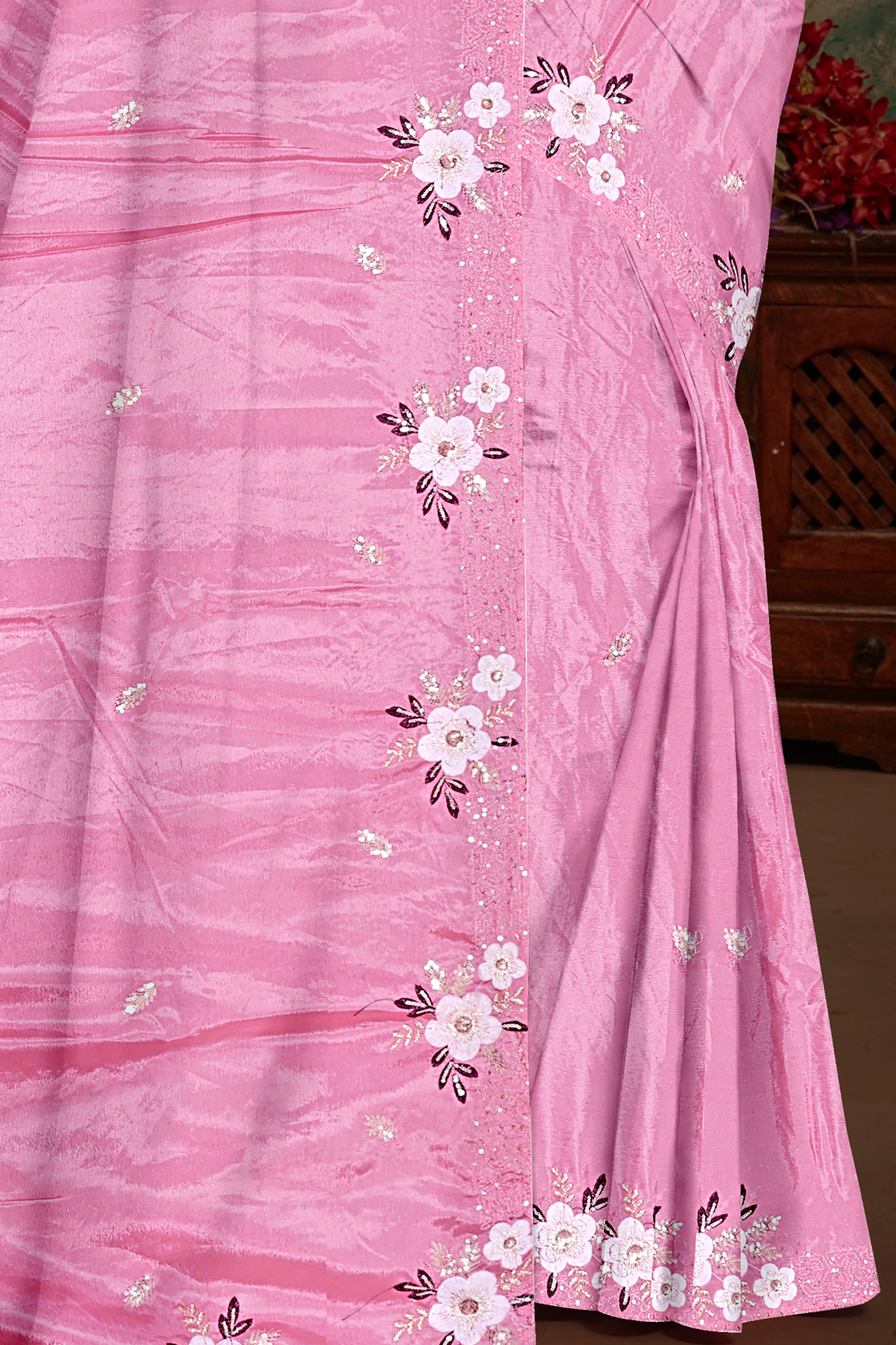Pink Floral Embroidered Saree with Contrast Purple Blouse