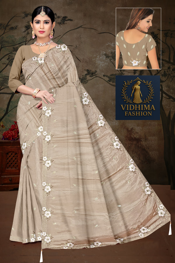 Beige Floral Embroidered Saree with Matching Blouse