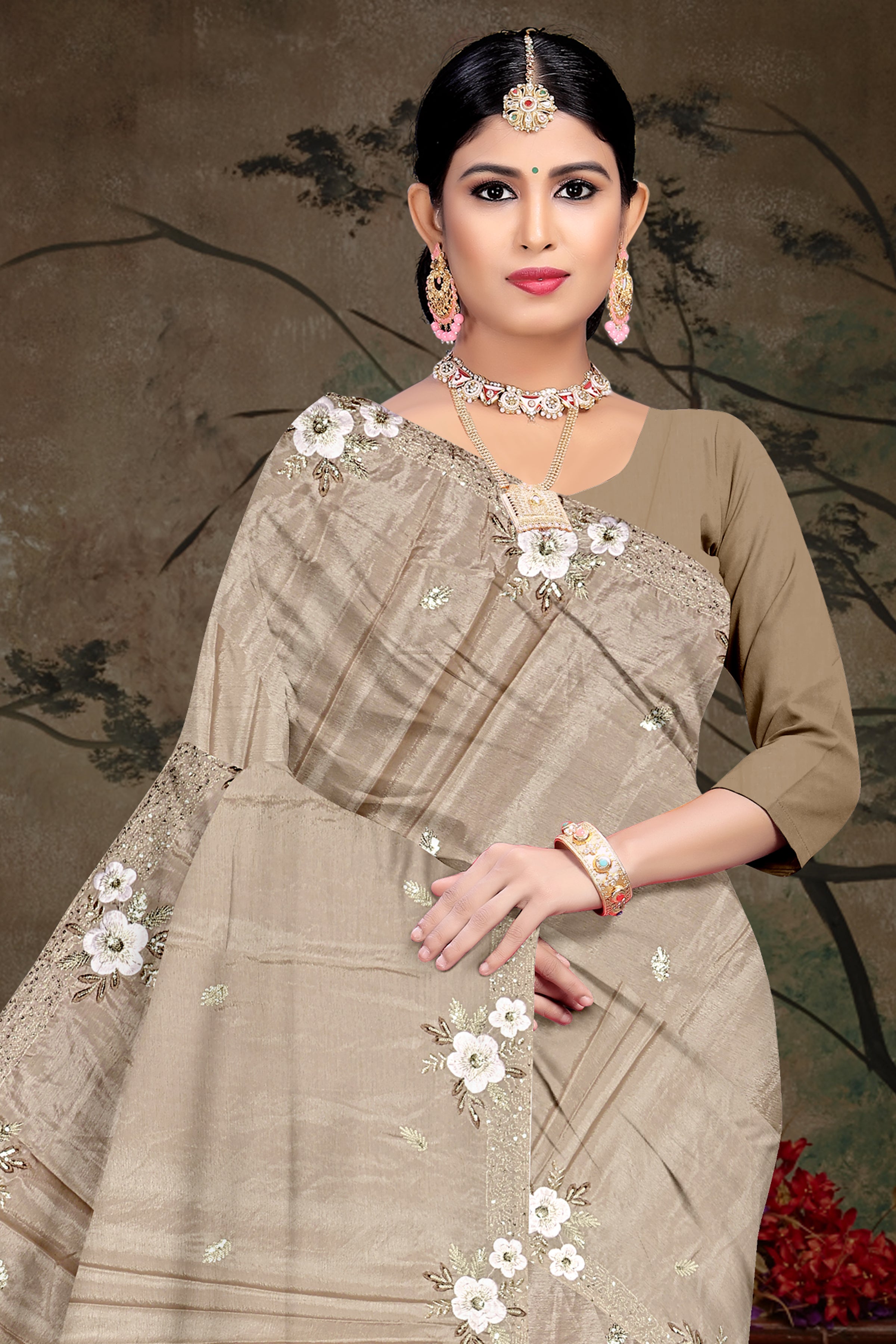 Beige Floral Embroidered Saree with Matching Blouse