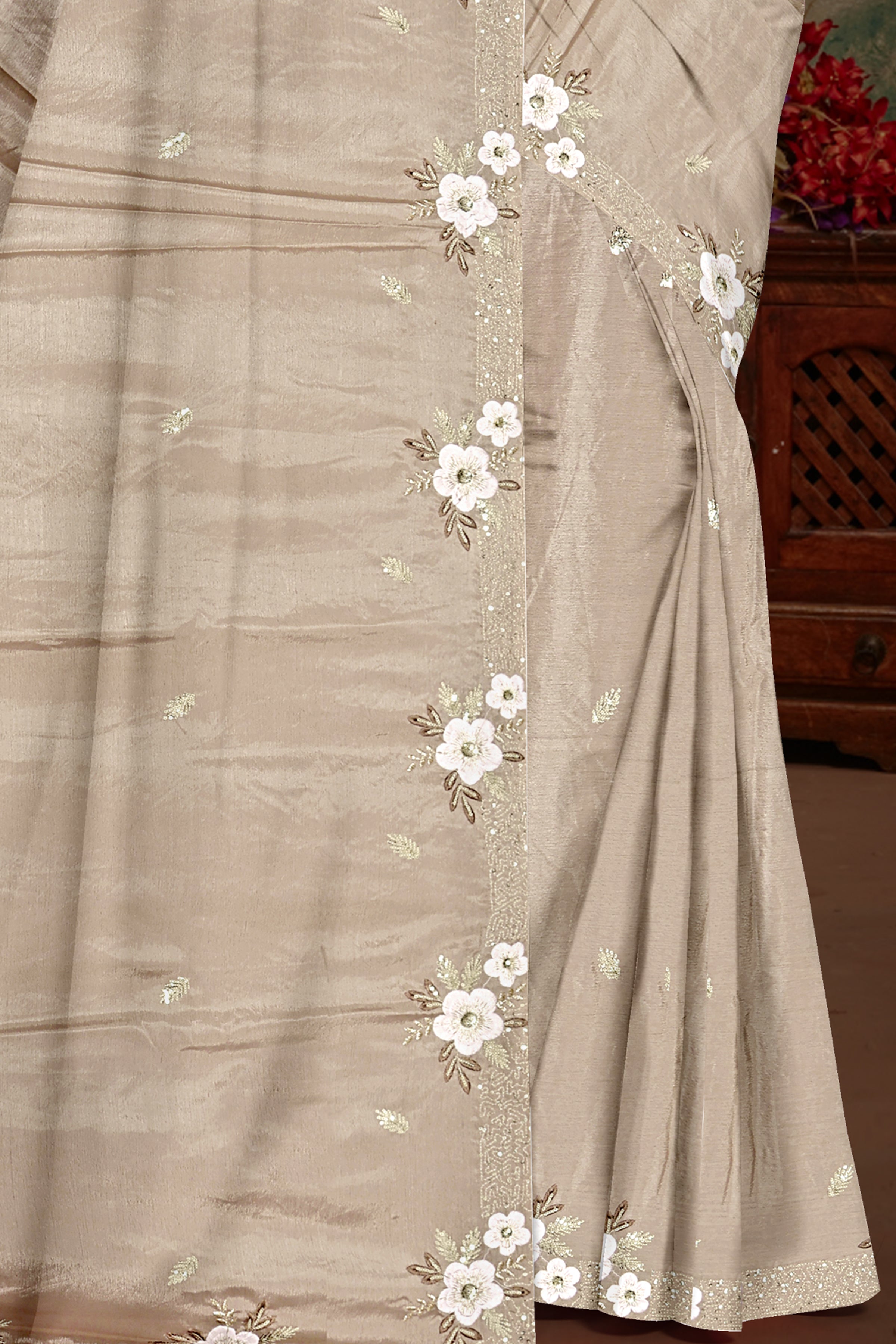 Beige Floral Embroidered Saree with Matching Blouse