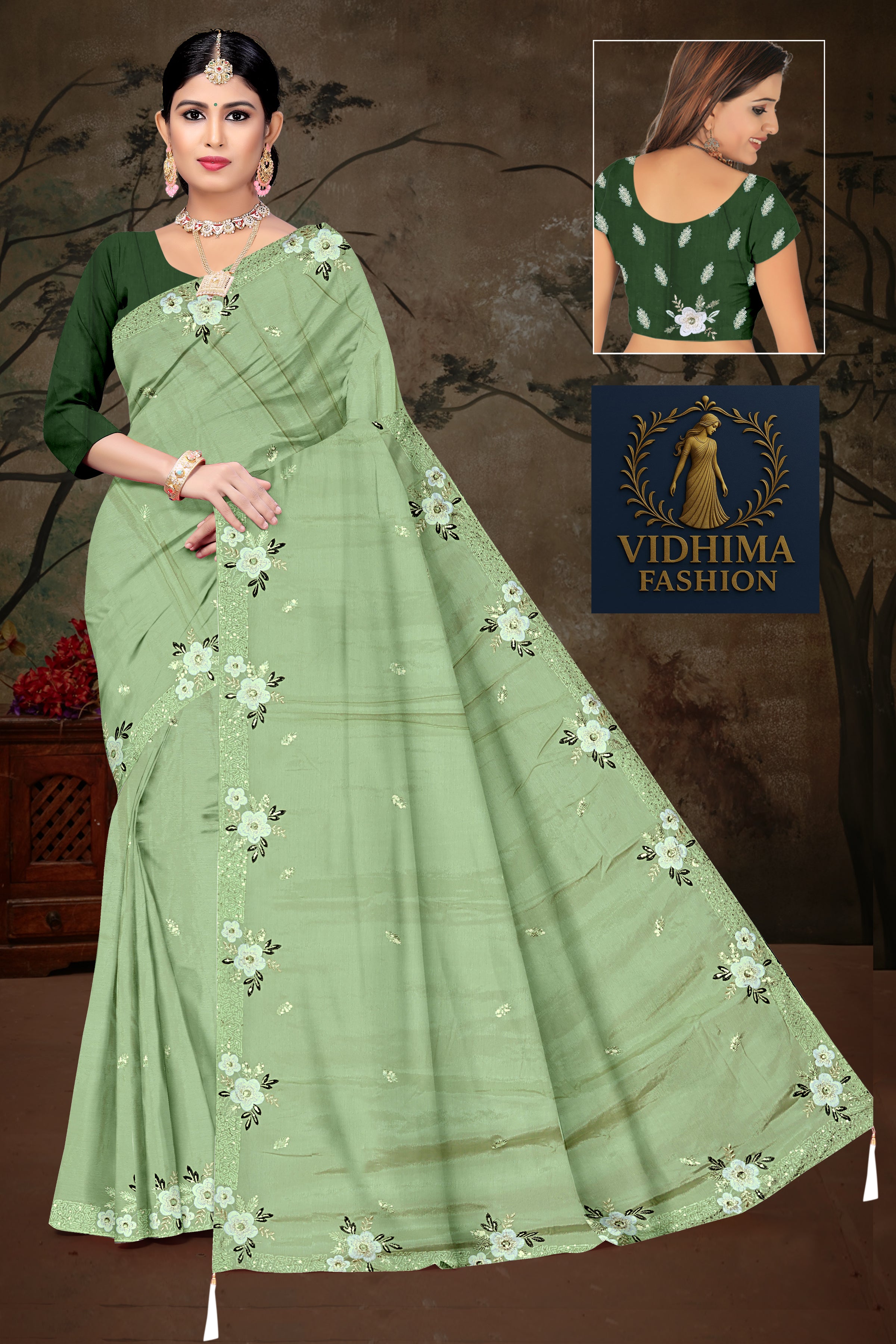 Pastel Green Floral Embroidered Saree with Bottle Green Blouse