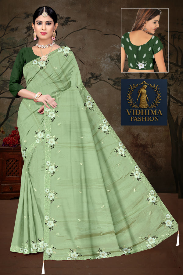 Pastel Green Floral Embroidered Saree with Bottle Green Blouse