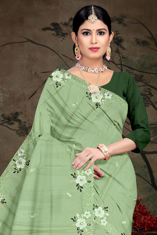 Pastel Green Floral Embroidered Saree with Bottle Green Blouse