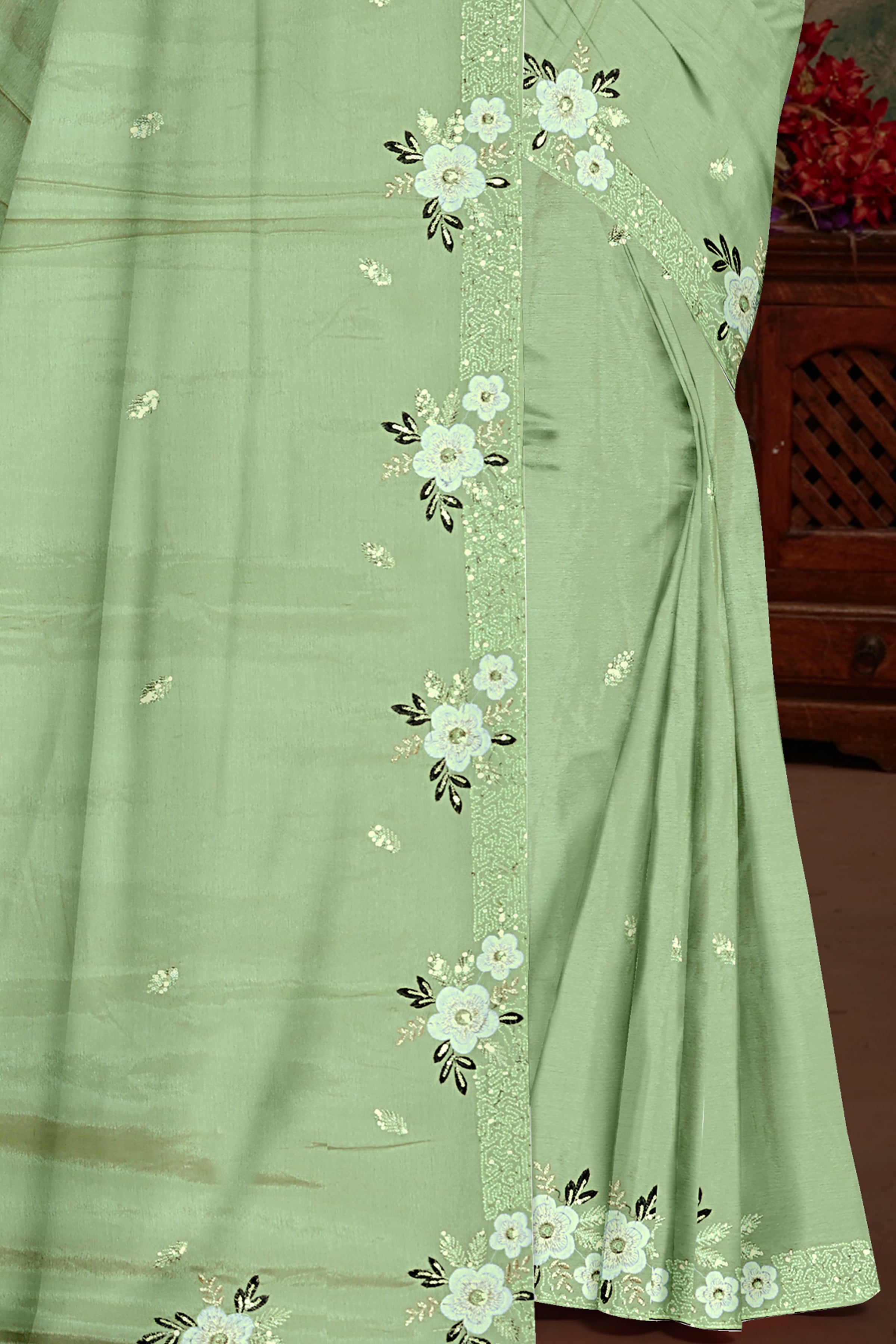 Pastel Green Floral Embroidered Saree with Bottle Green Blouse