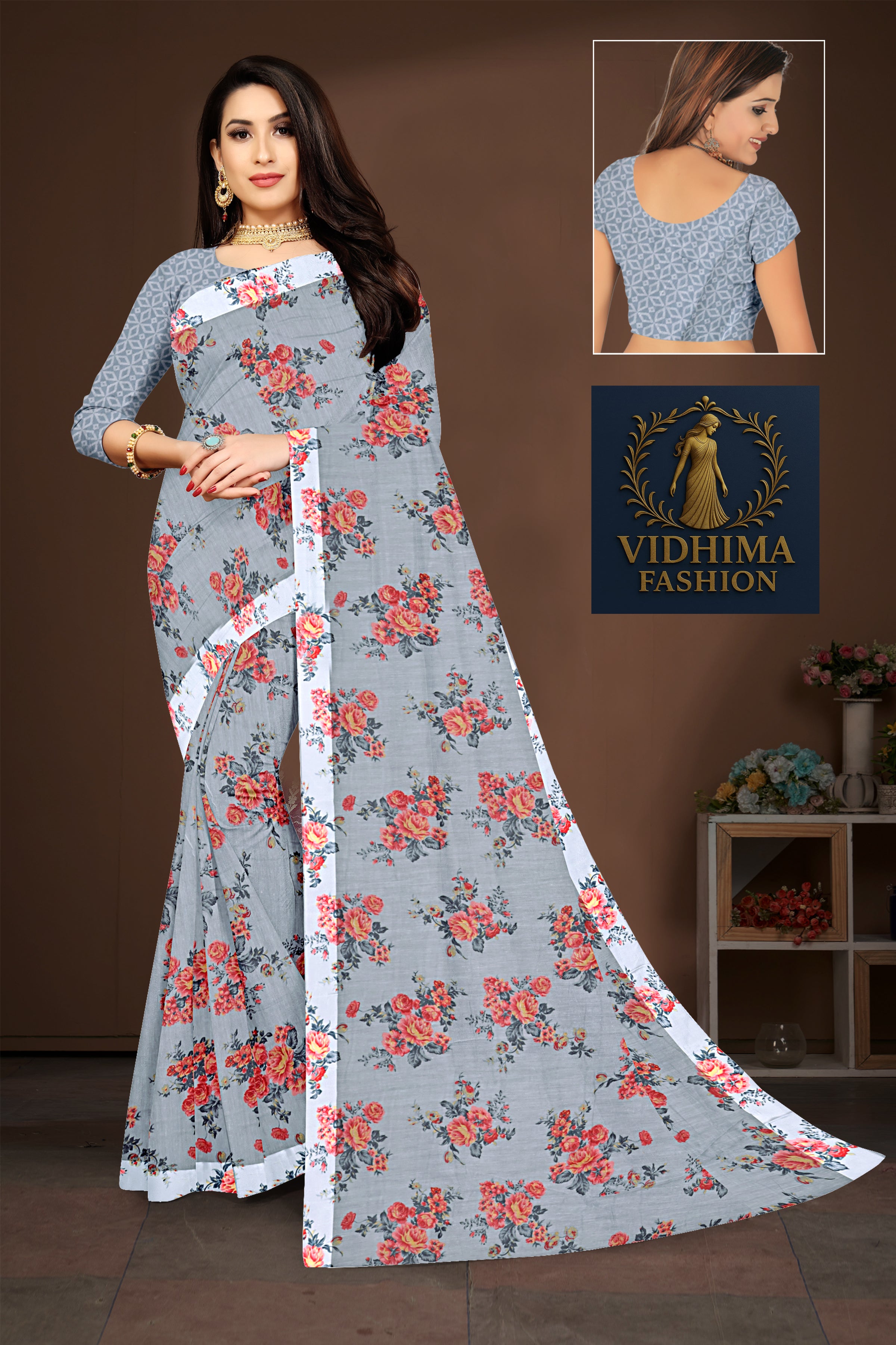 Slate Grey Floral Printed Soft Cotton Saree with Designer Blouse
