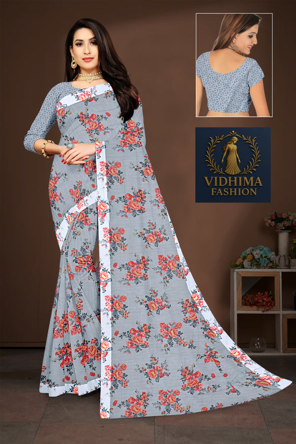 Slate Grey Floral Printed Soft Cotton Saree with Designer Blouse