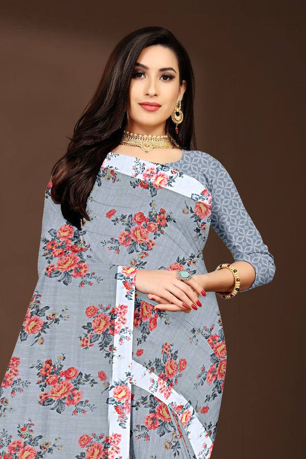 Slate Grey Floral Printed Soft Cotton Saree with Designer Blouse