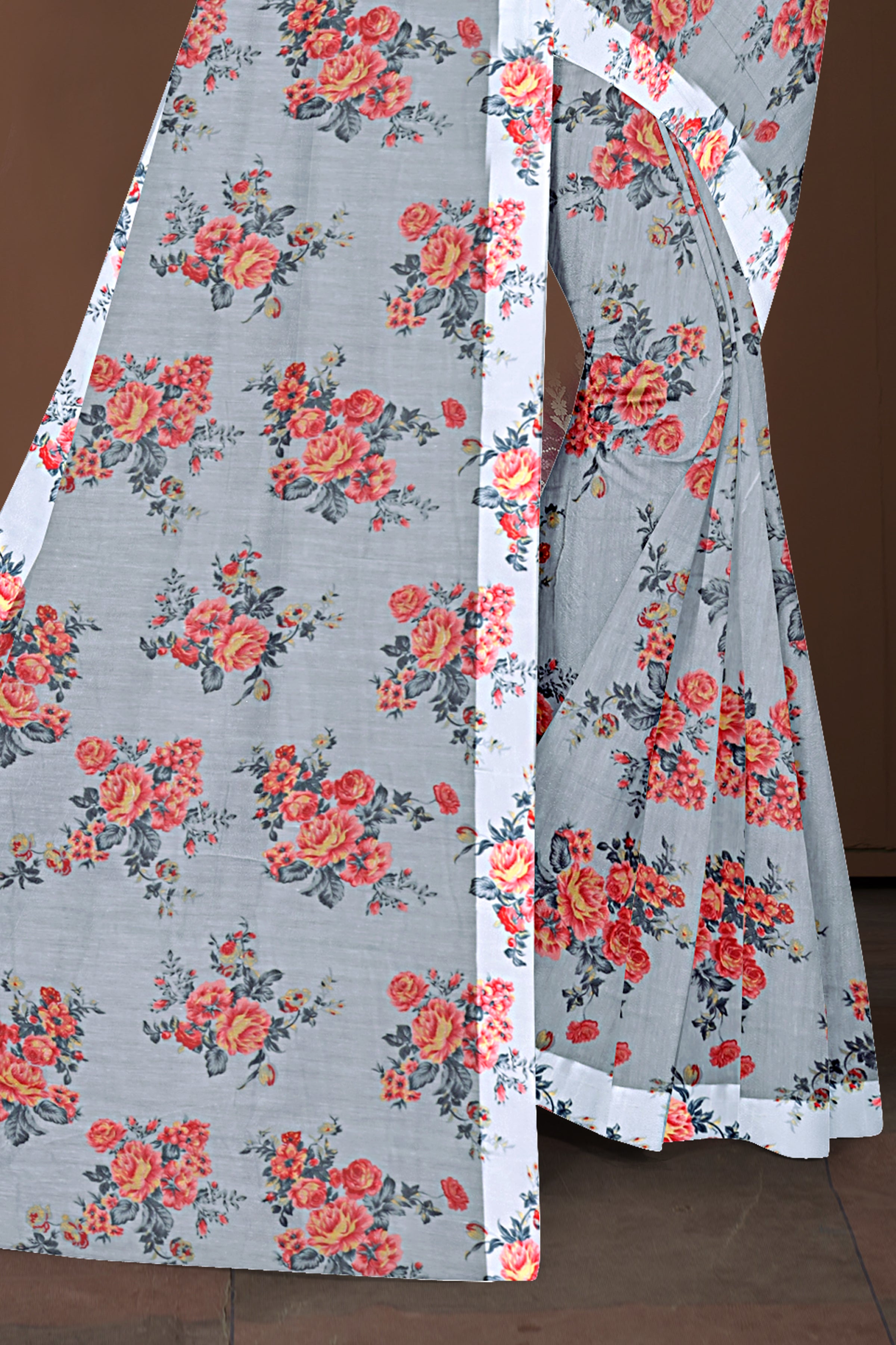 Slate Grey Floral Printed Soft Cotton Saree with Designer Blouse