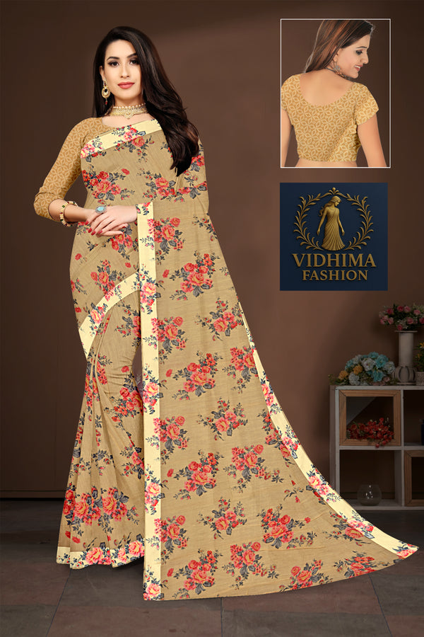 Beige Floral Printed Soft Cotton Saree with Designer Blouse