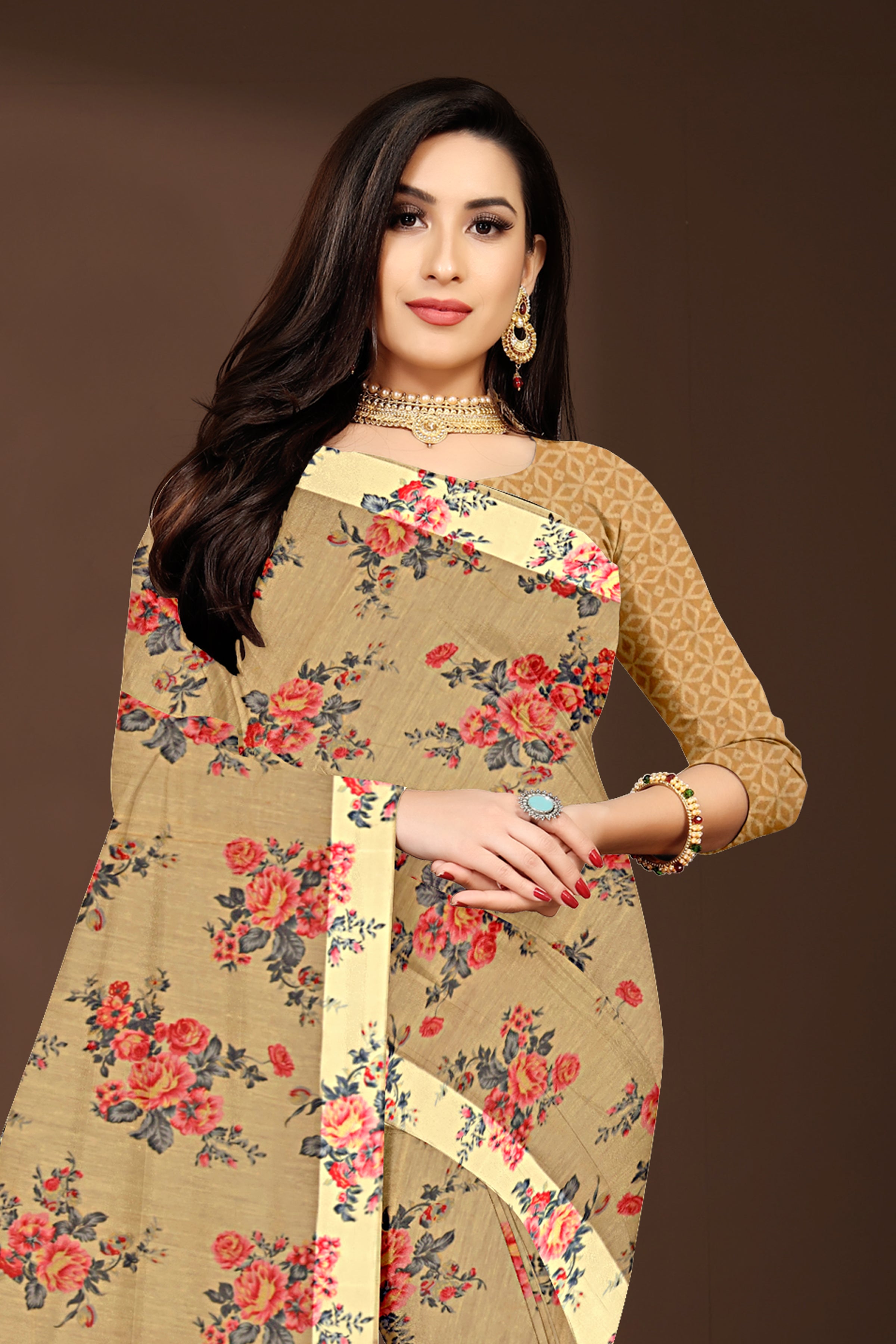 Beige Floral Printed Soft Cotton Saree with Designer Blouse