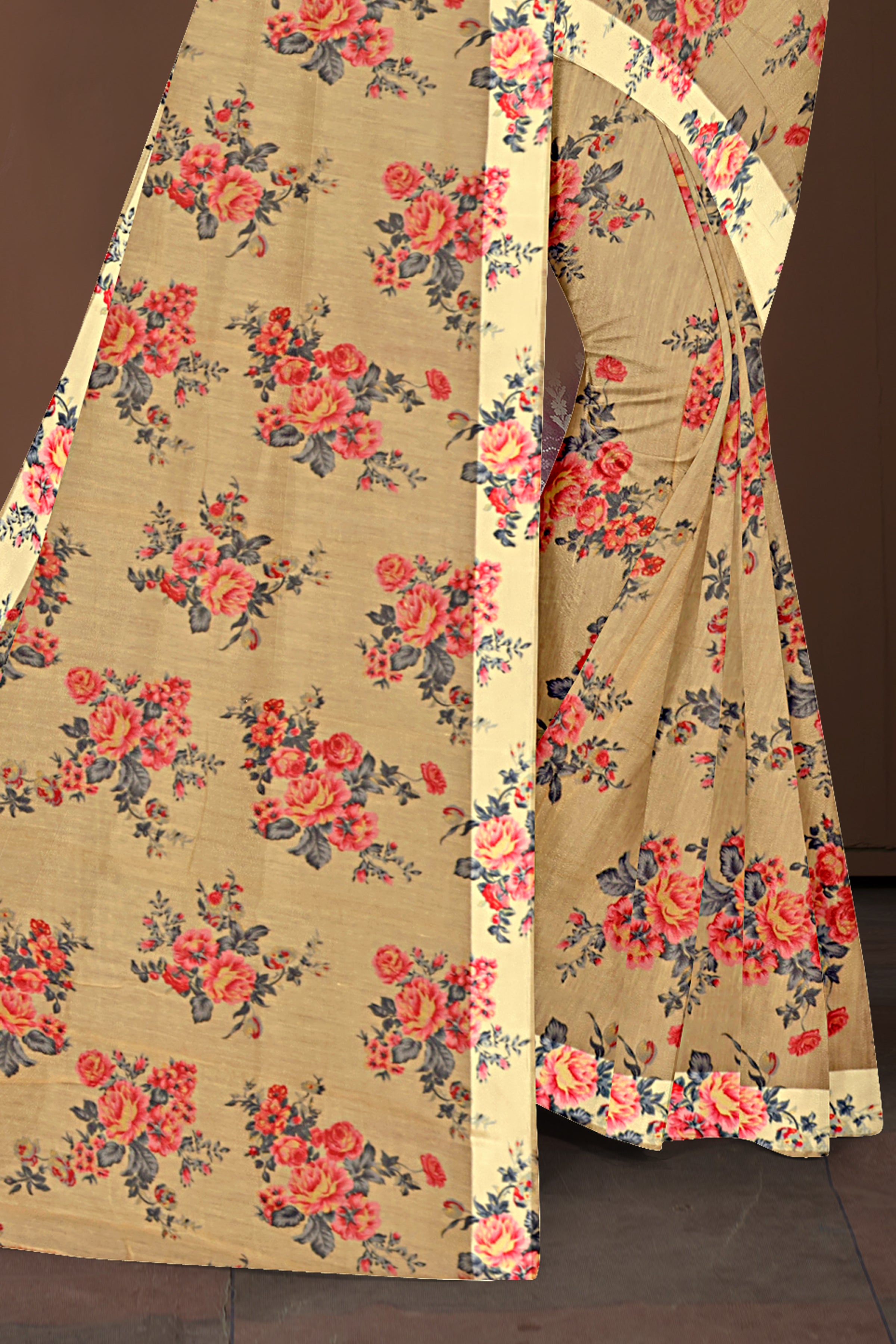 Beige Floral Printed Soft Cotton Saree with Designer Blouse