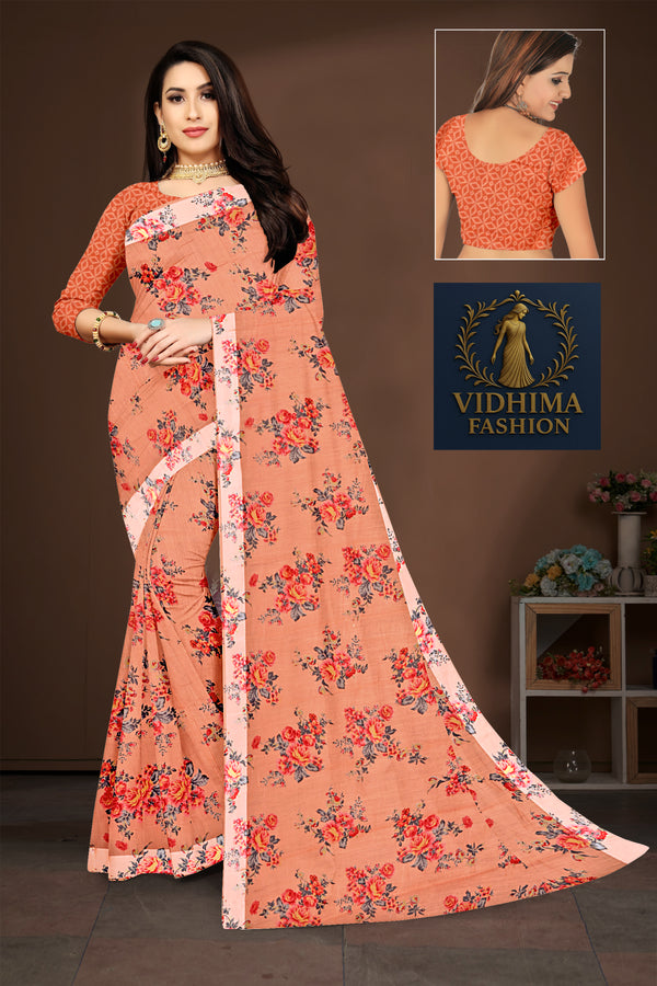 Peach Floral Printed Soft Cotton Saree with Designer Blouse