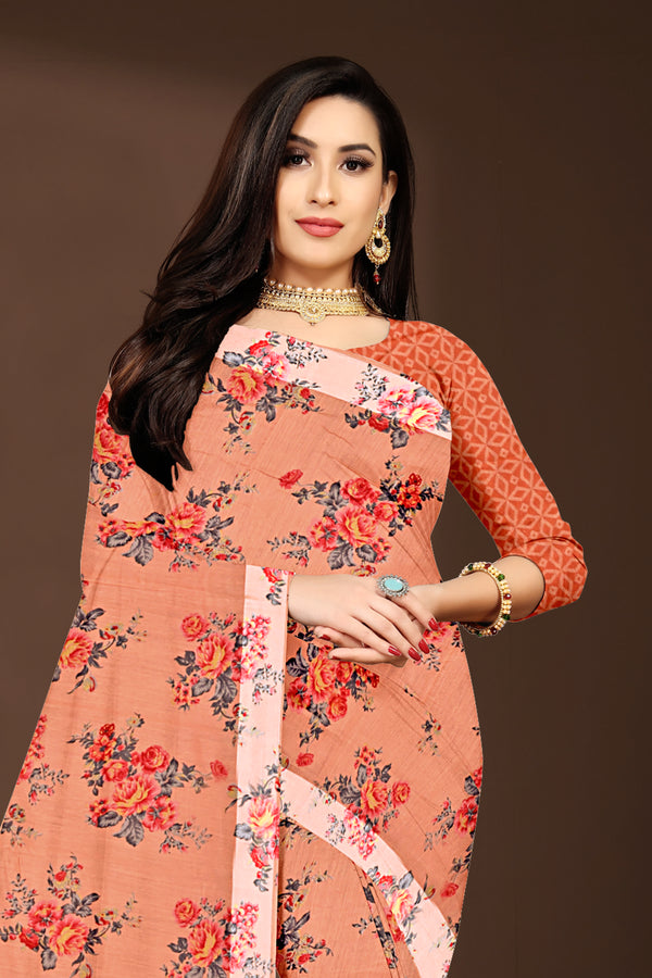 Peach Floral Printed Soft Cotton Saree with Designer Blouse