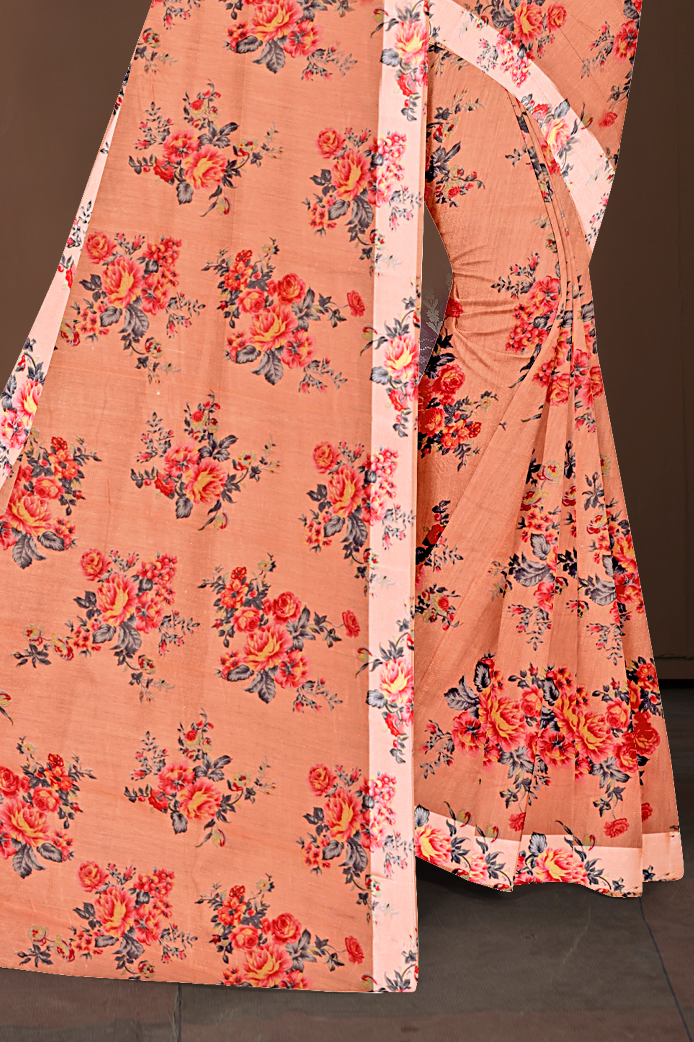 Peach Floral Printed Soft Cotton Saree with Designer Blouse
