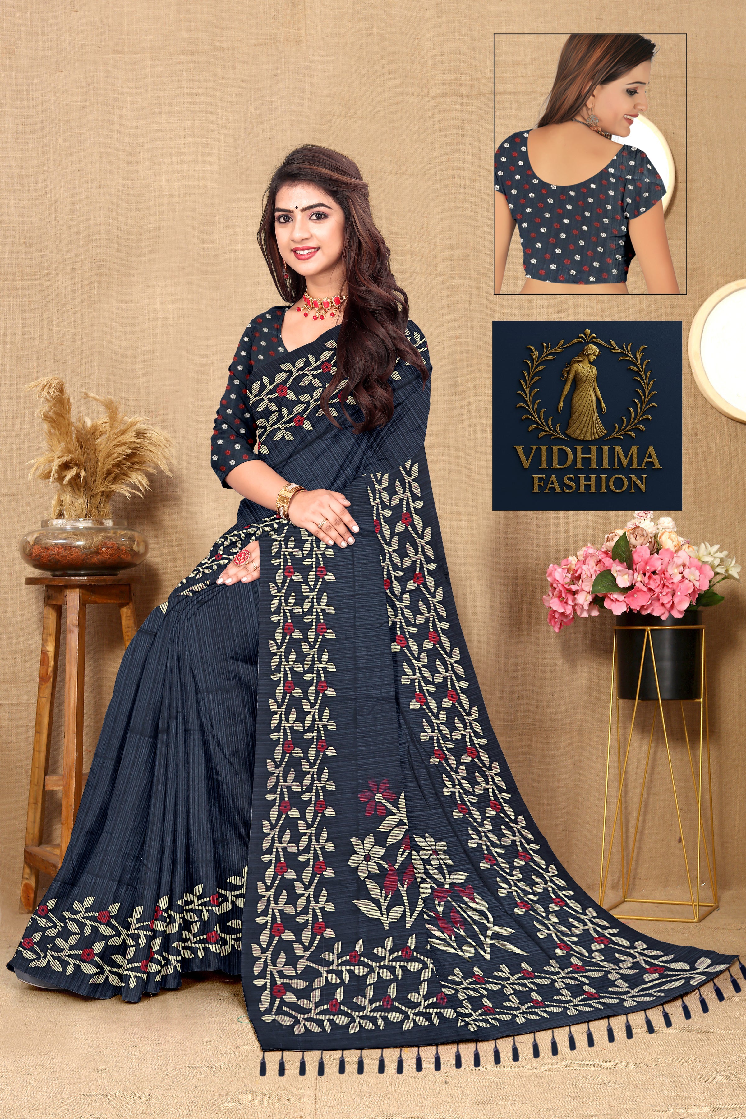 Midnight Blue Floral Embroidered Cotton Saree