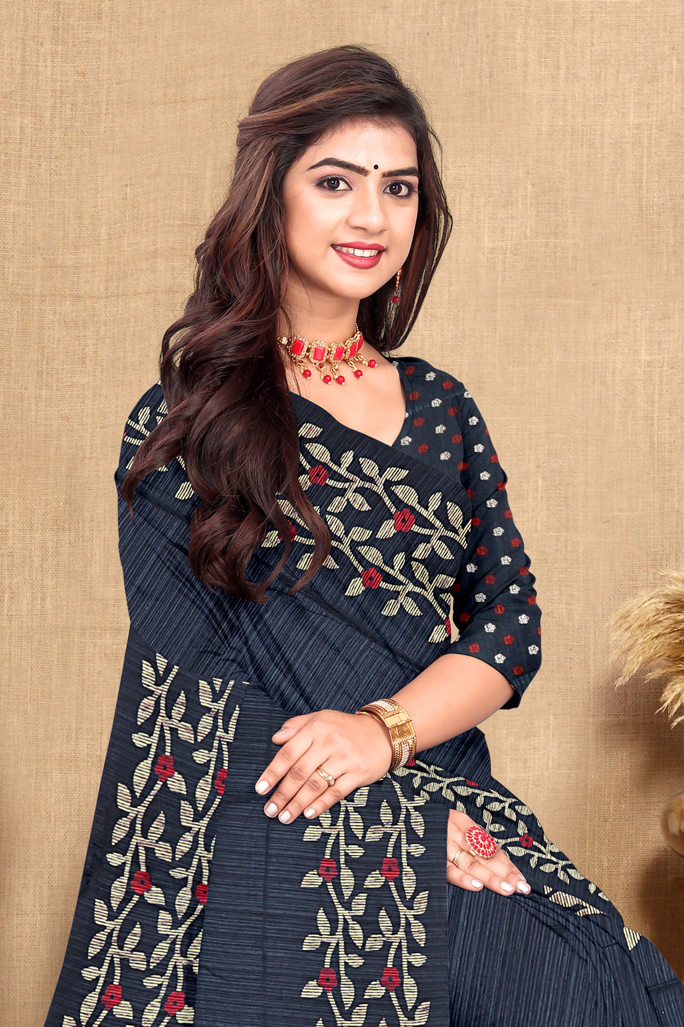 Midnight Blue Floral Embroidered Cotton Saree