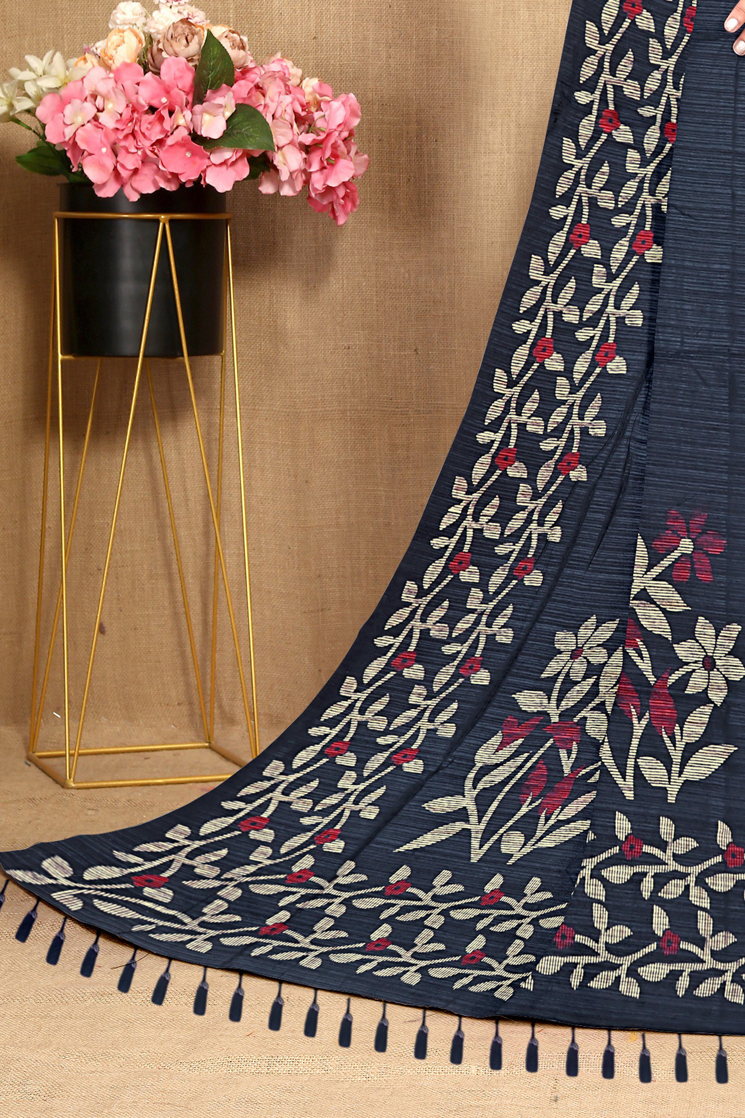 Midnight Blue Floral Embroidered Cotton Saree