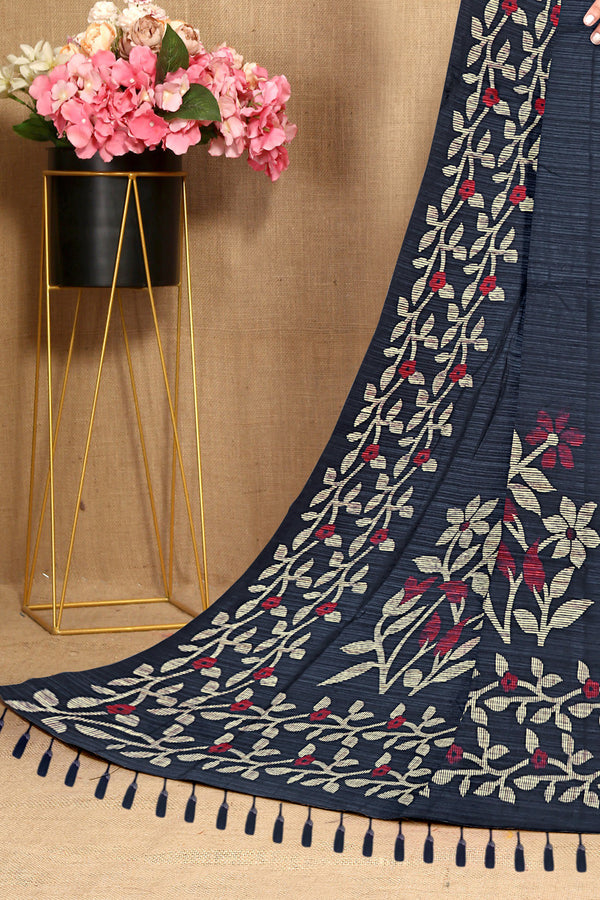 Midnight Blue Floral Embroidered Cotton Saree