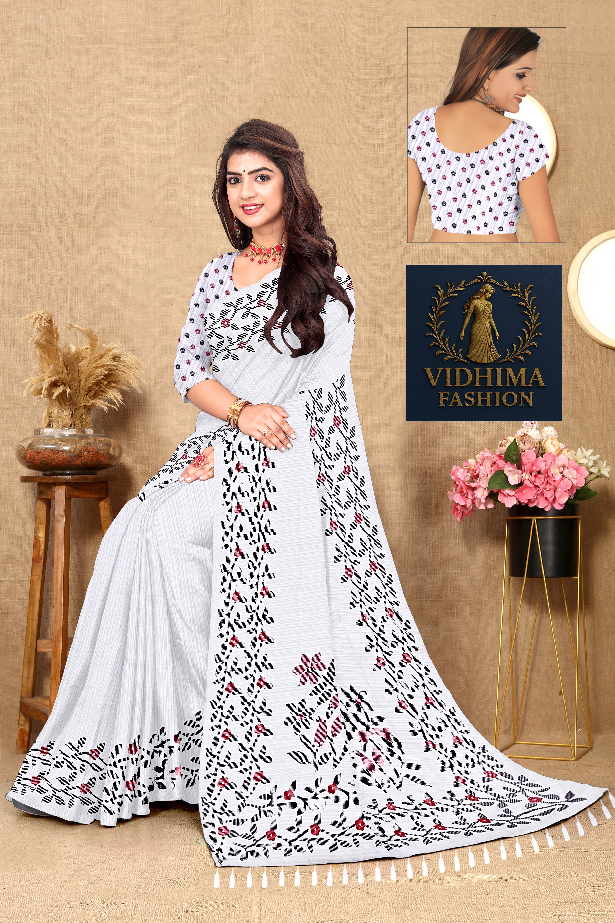 Pearl White Grace Bloom Embroidered Cotton Saree