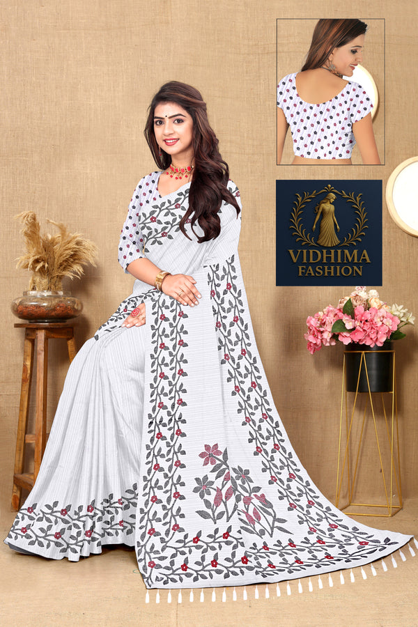 Pearl White Grace Bloom Embroidered Cotton Saree