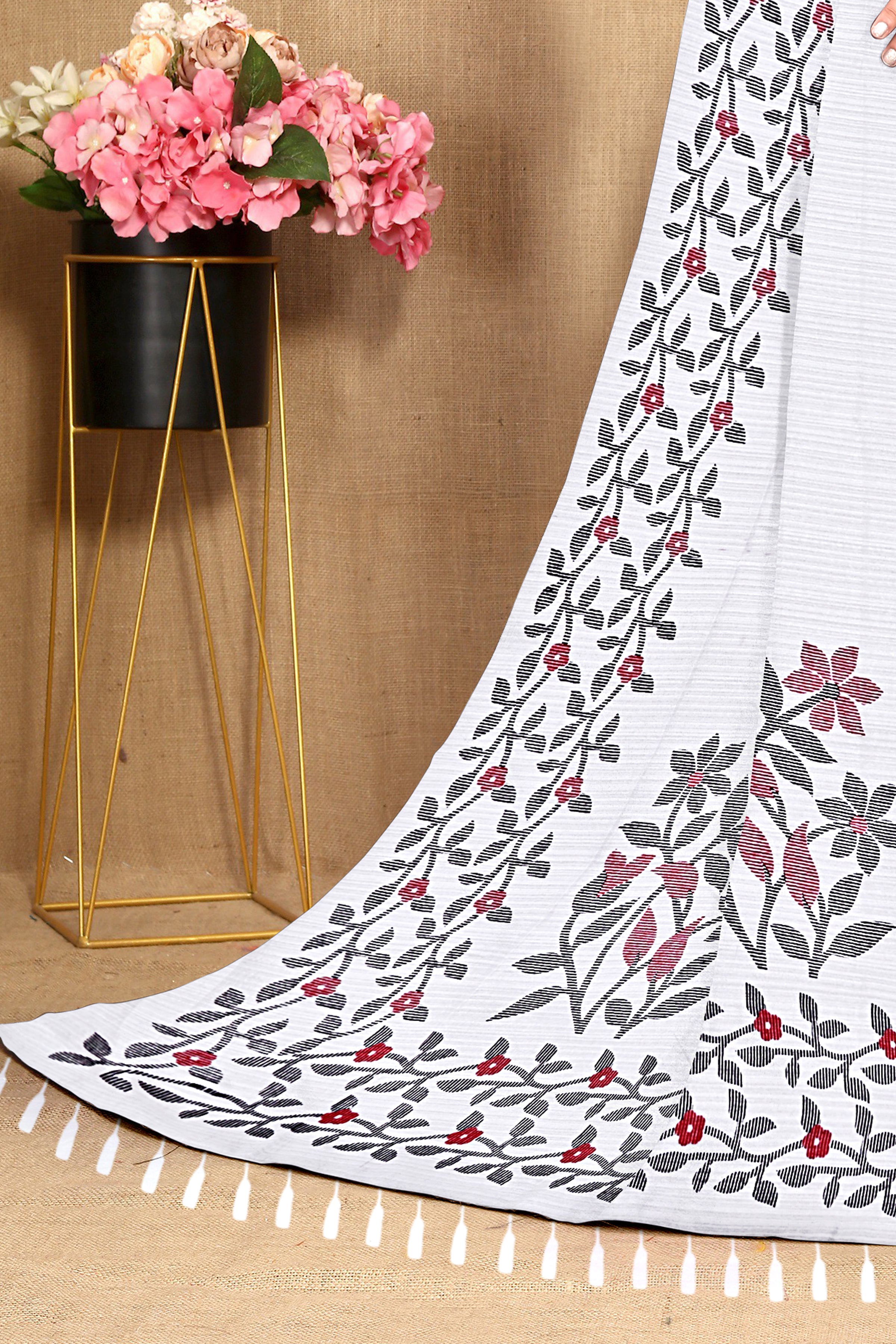 Pearl White Grace Bloom Embroidered Cotton Saree