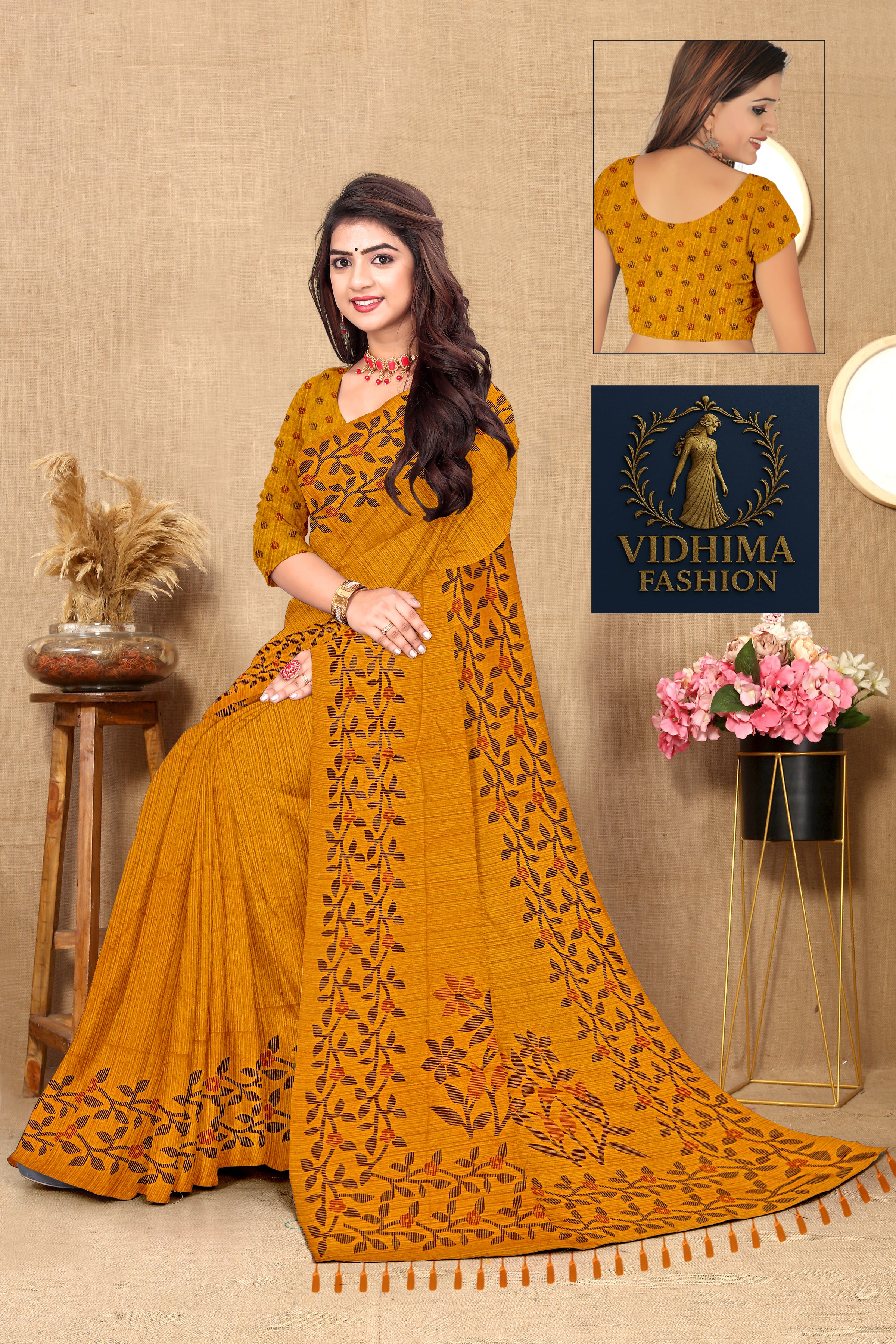 Mustard Yellow Grace Bloom Embroidered Cotton Saree