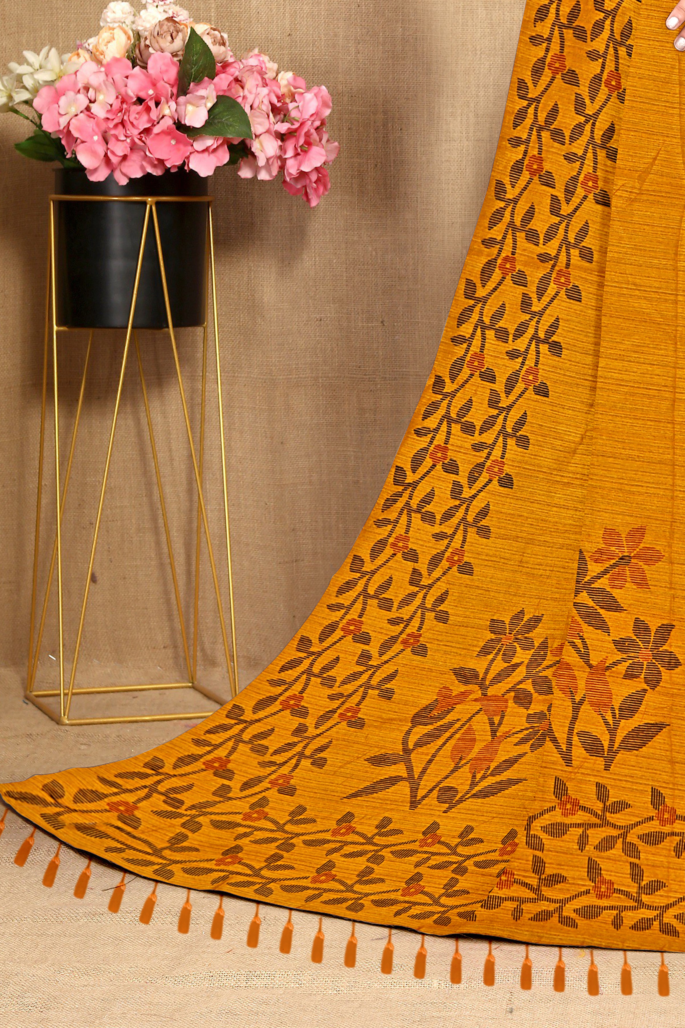 Mustard Yellow Grace Bloom Embroidered Cotton Saree