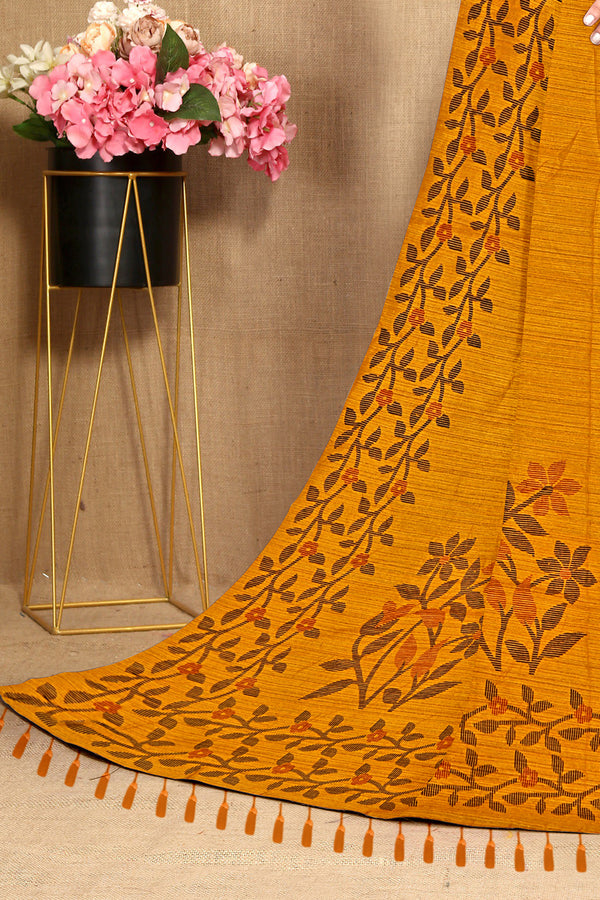 Mustard Yellow Grace Bloom Embroidered Cotton Saree