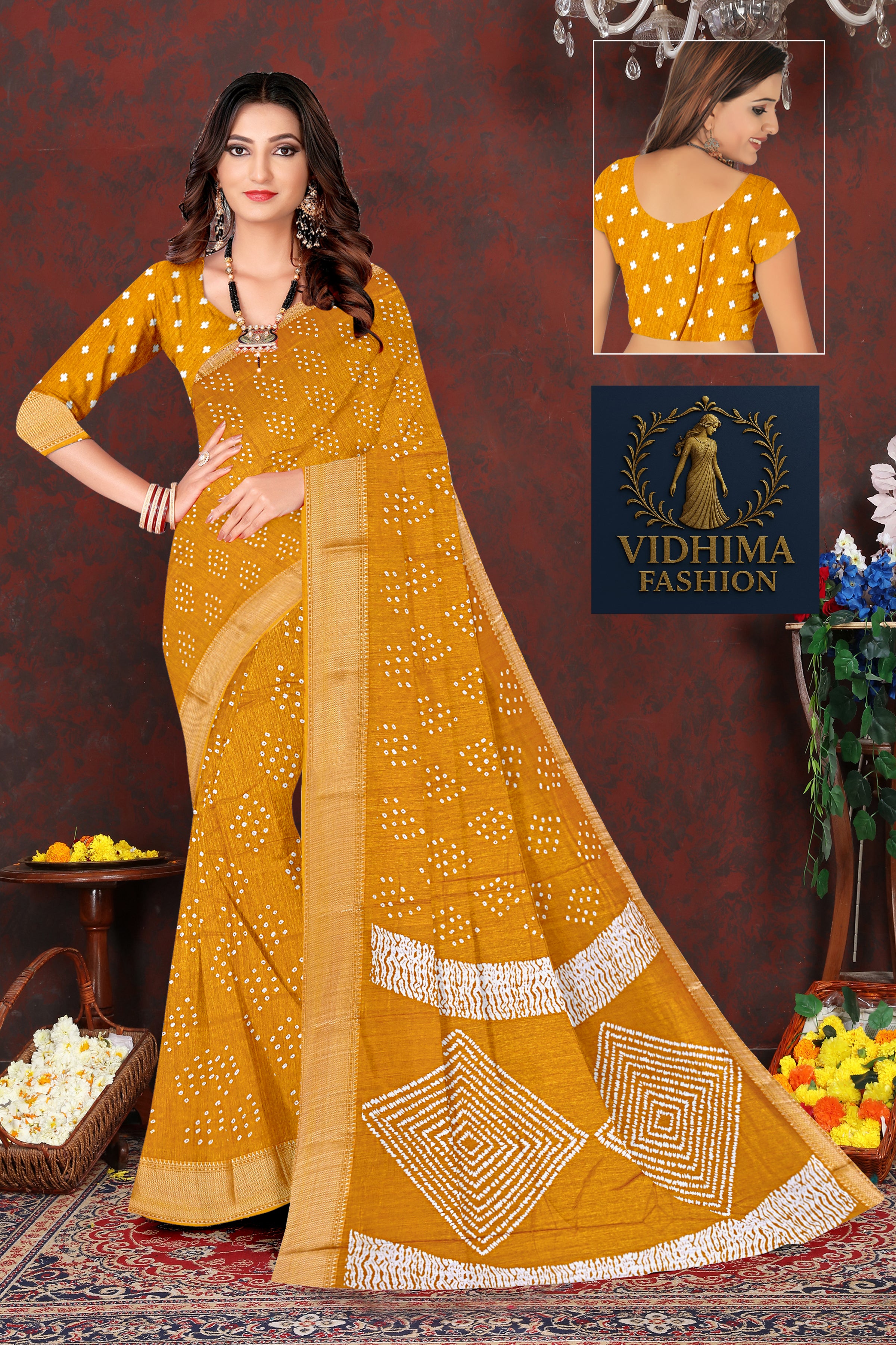 Mustard Bandhej Cotton Saree