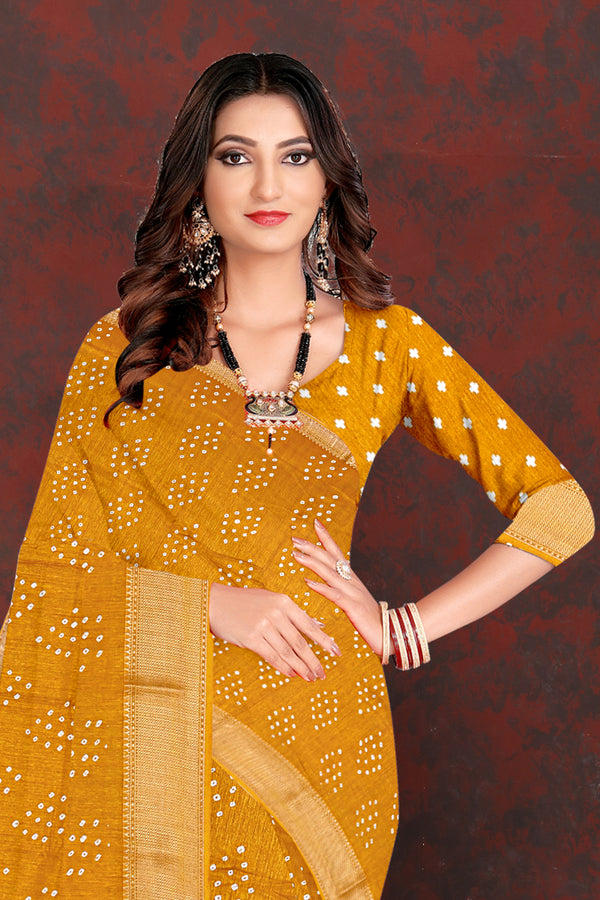 Mustard Bandhej Cotton Saree