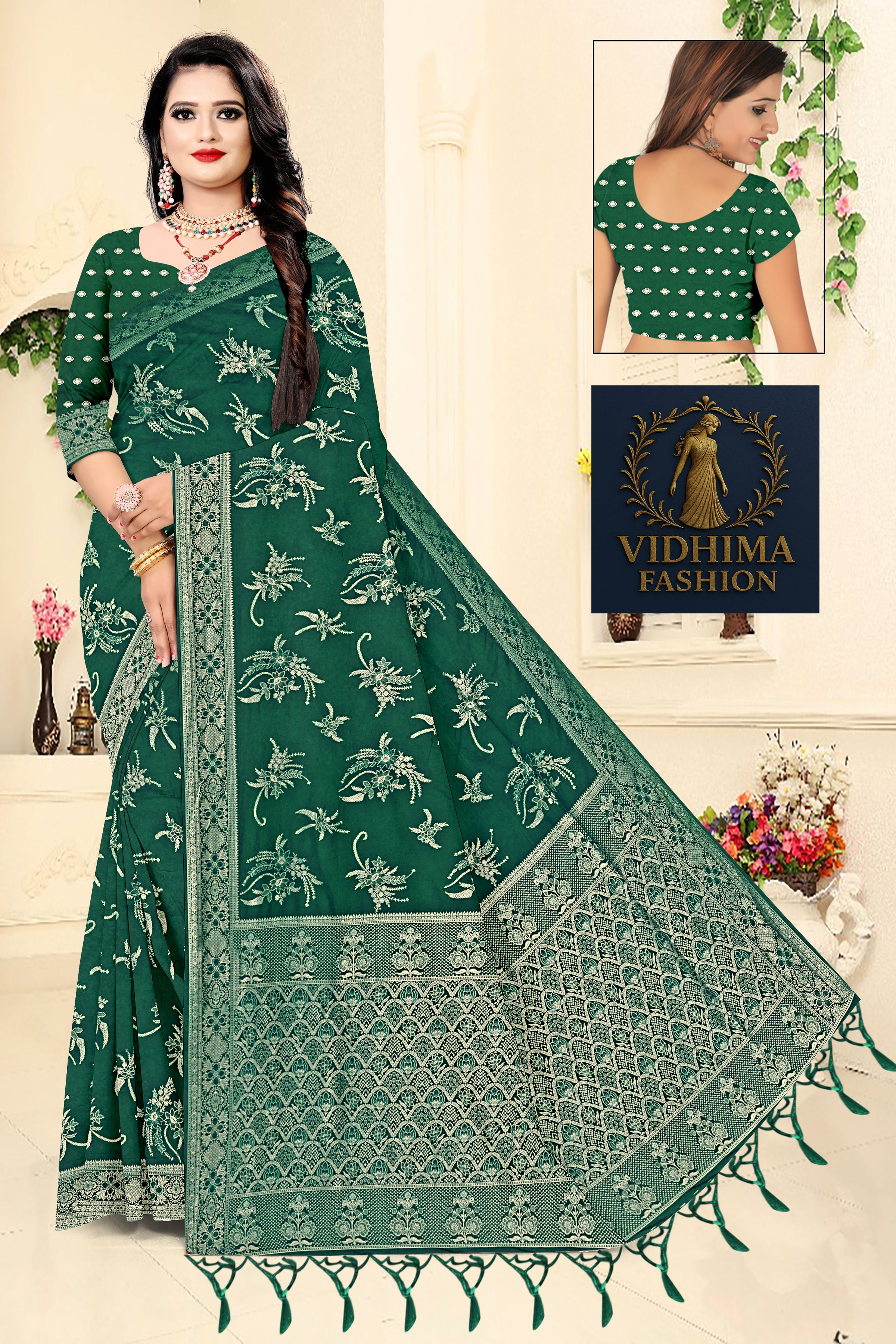 Emerald Green Bloom Banarasi Saree