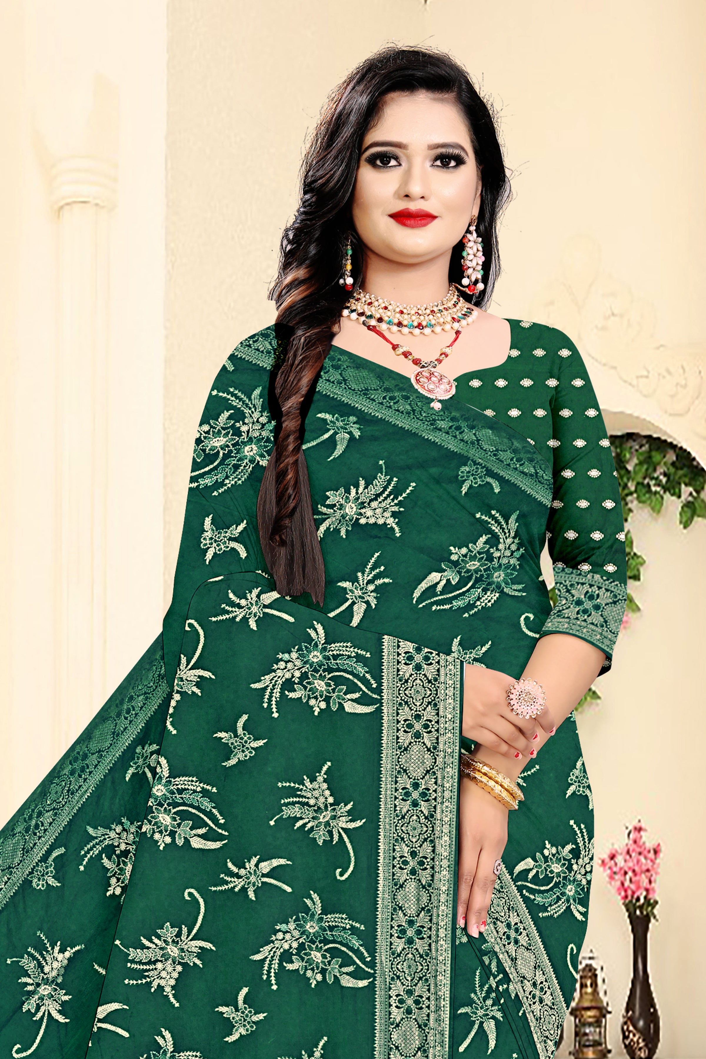Emerald Green Bloom Banarasi Saree