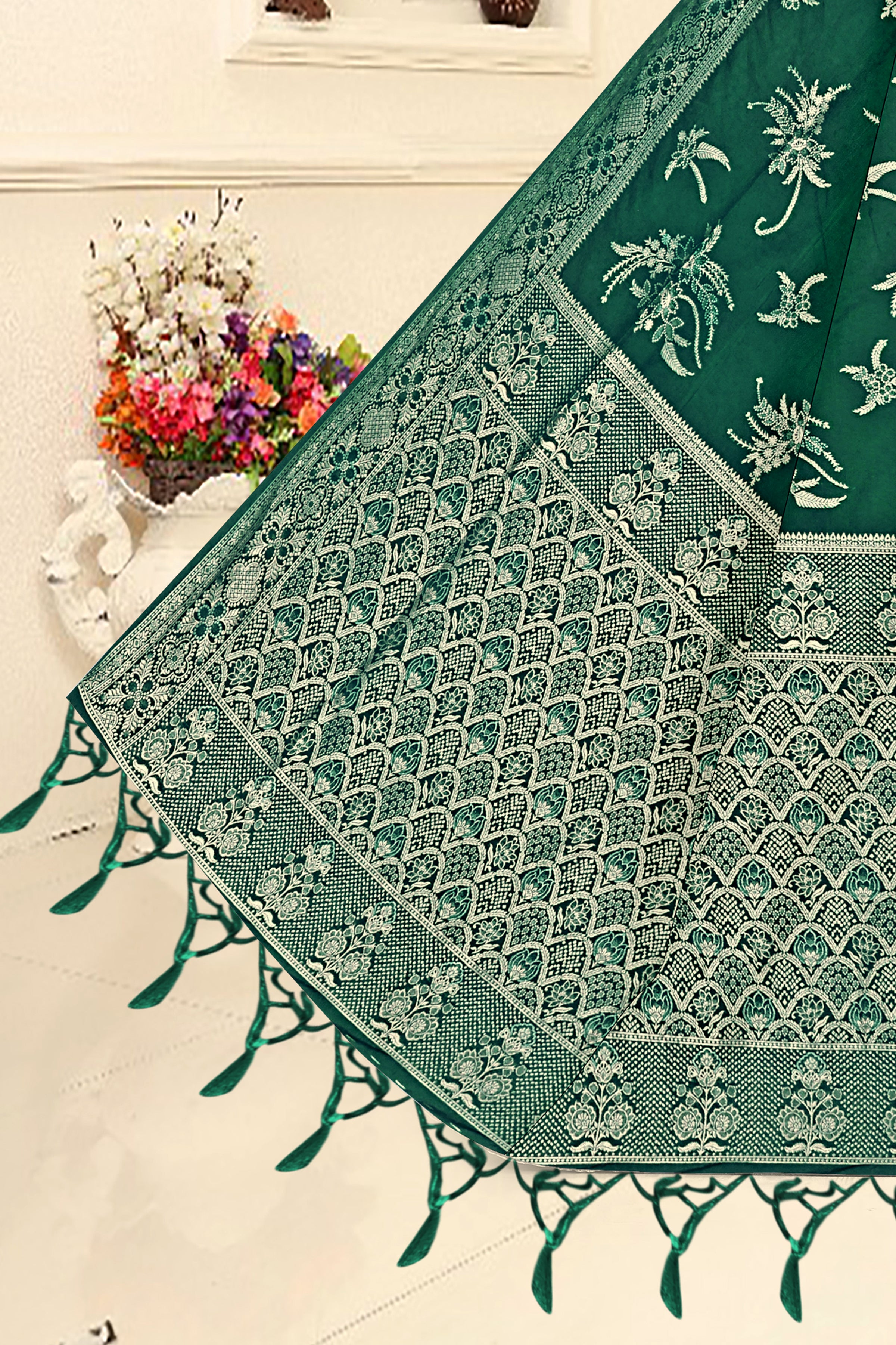 Emerald Green Bloom Banarasi Saree