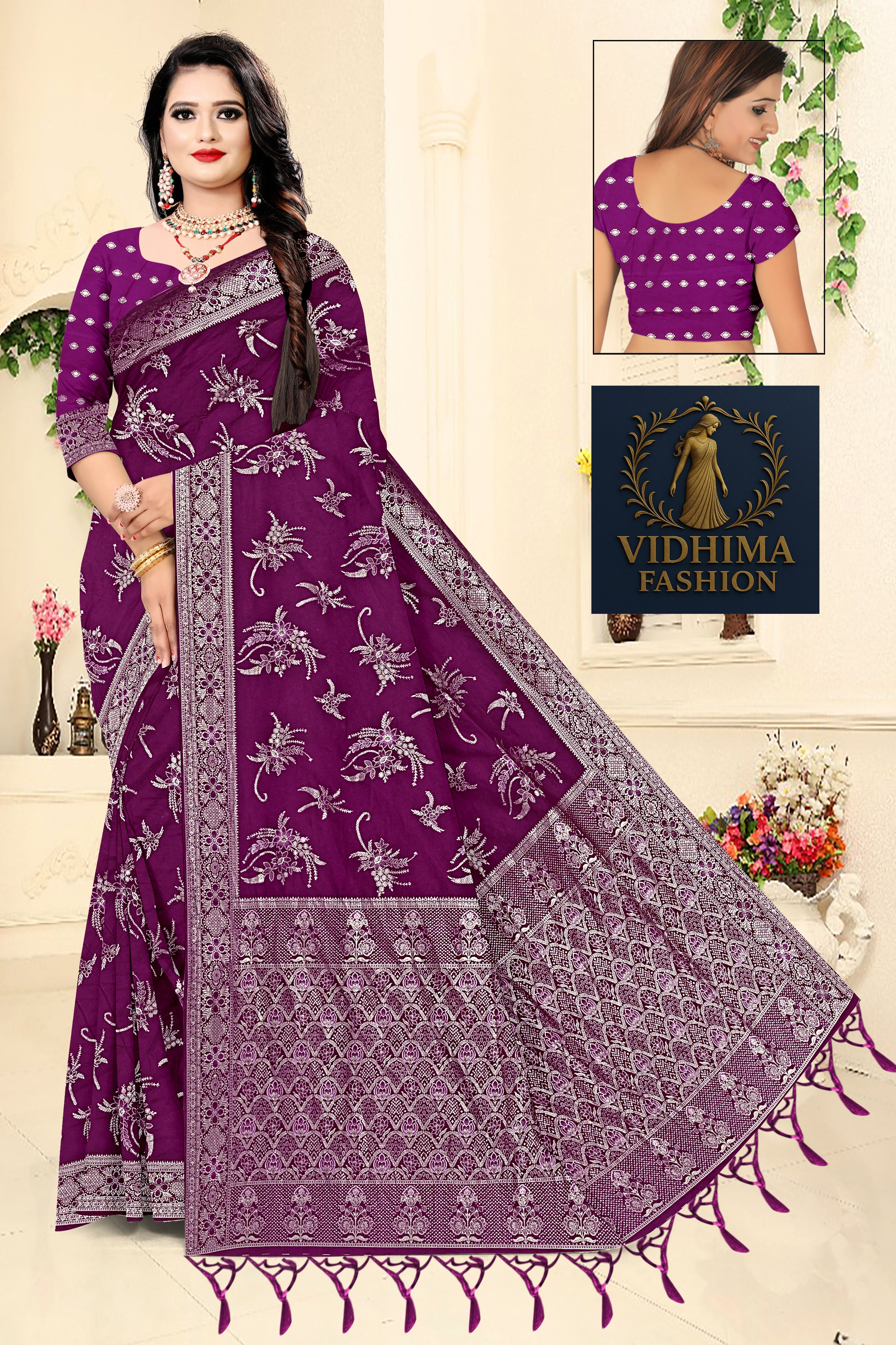 Royal Plum Blossom Banarasi Saree – Purple
