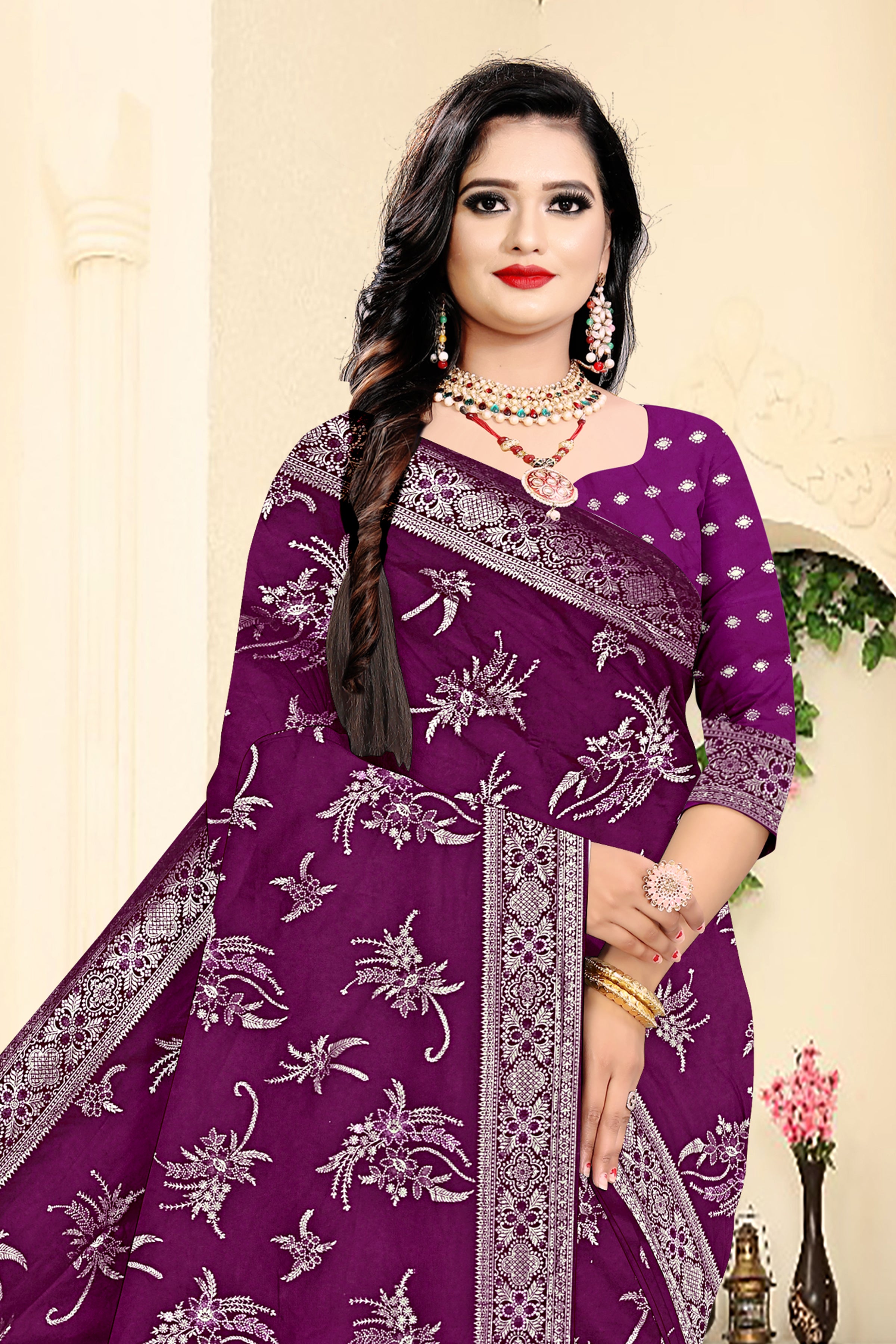 Royal Plum Blossom Banarasi Saree – Purple