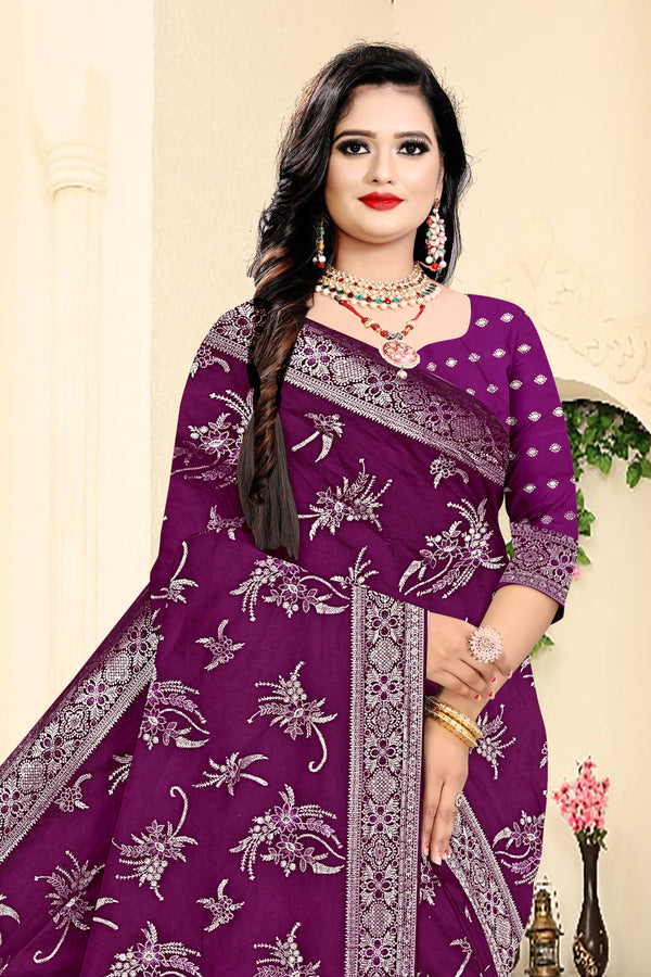 Royal Plum Blossom Banarasi Saree – Purple